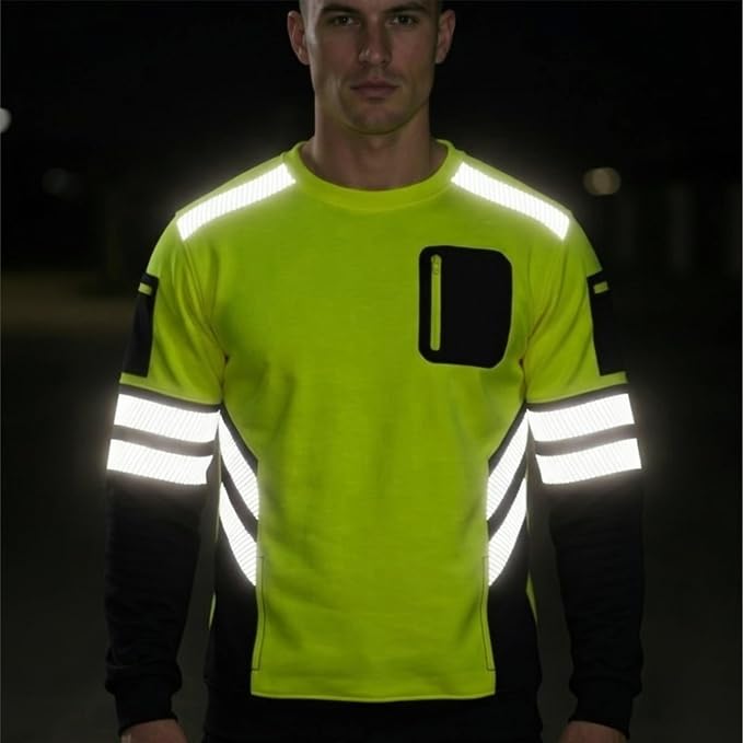 Hi-Vis Pullover Zipped Pockets Crew Neck Sweatshirt - Black/Yellow - model back view