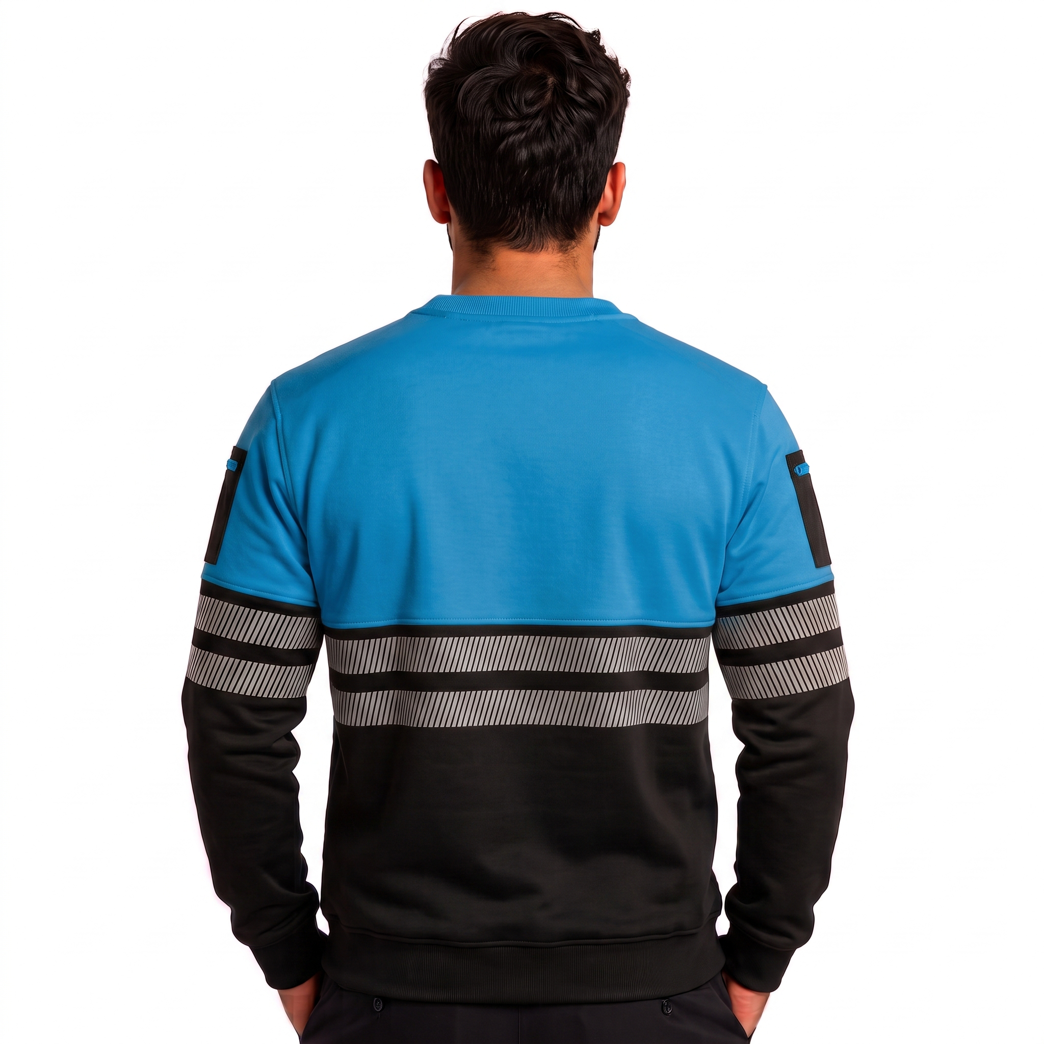Hi-Vis Pullover Zipped Pockets Crew Neck Sweatshirt - Black/Blue - back view