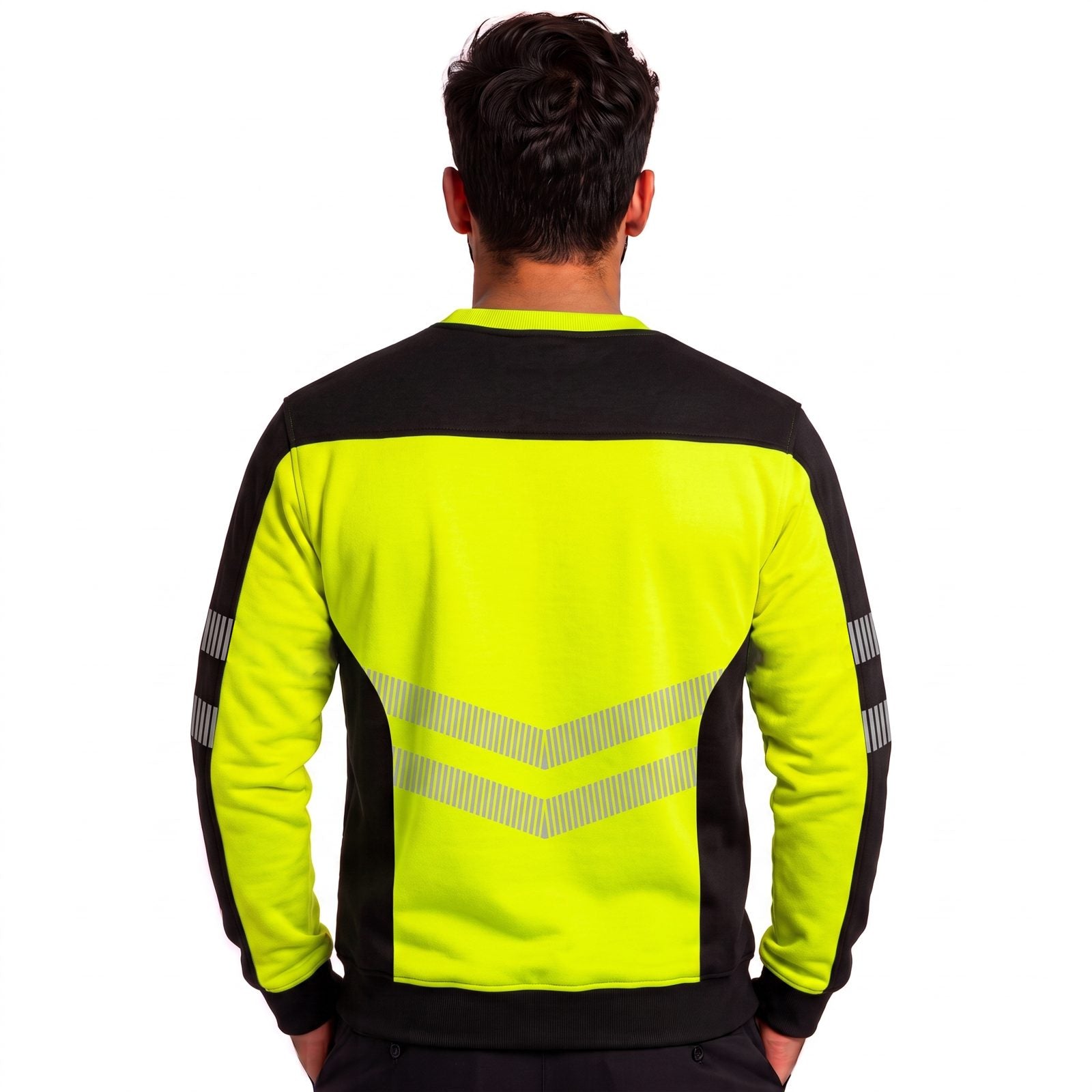 Hi-Vis Pullover Pockets Crew Neck Cuffed Sweatshirt - Black/Yellow - reflective tape detail