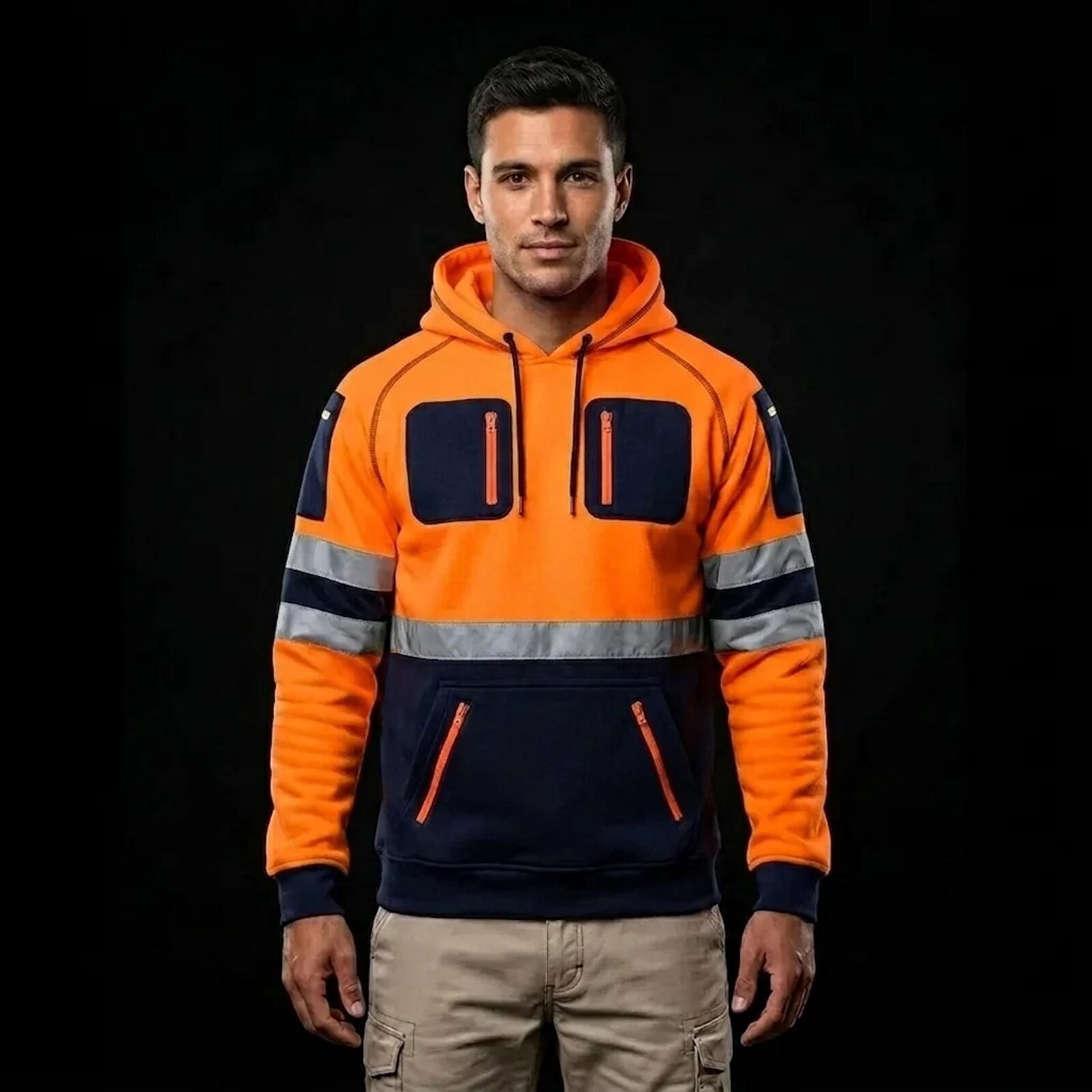 Hi-Vis Fleece Zip Hoodie – Orange/Navy Workwear (S-5XL) TORO ACTIVA