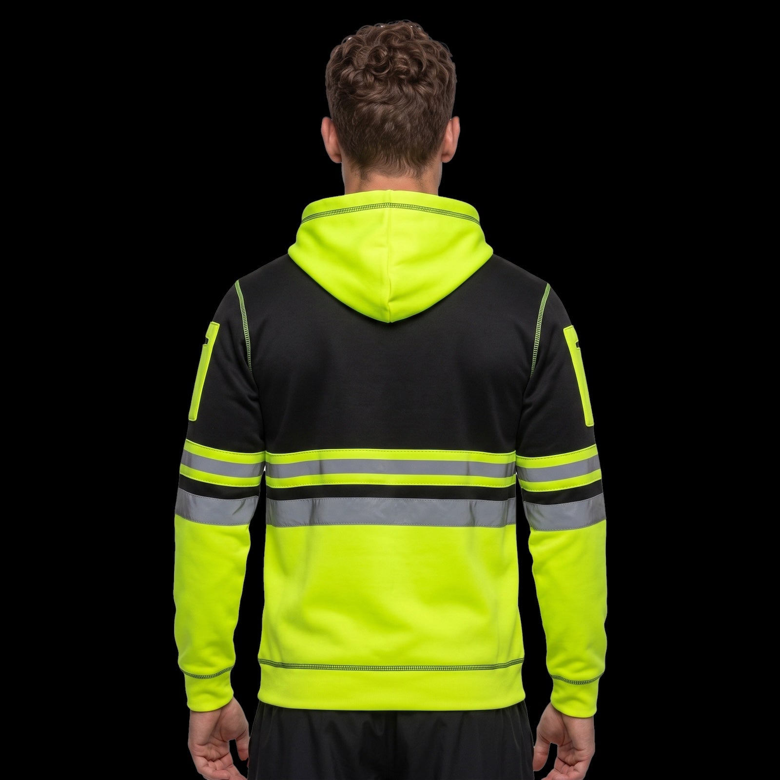 Yellow and black hi-vis fleece fullzip hoodie with reflective tape – back view, worn by model