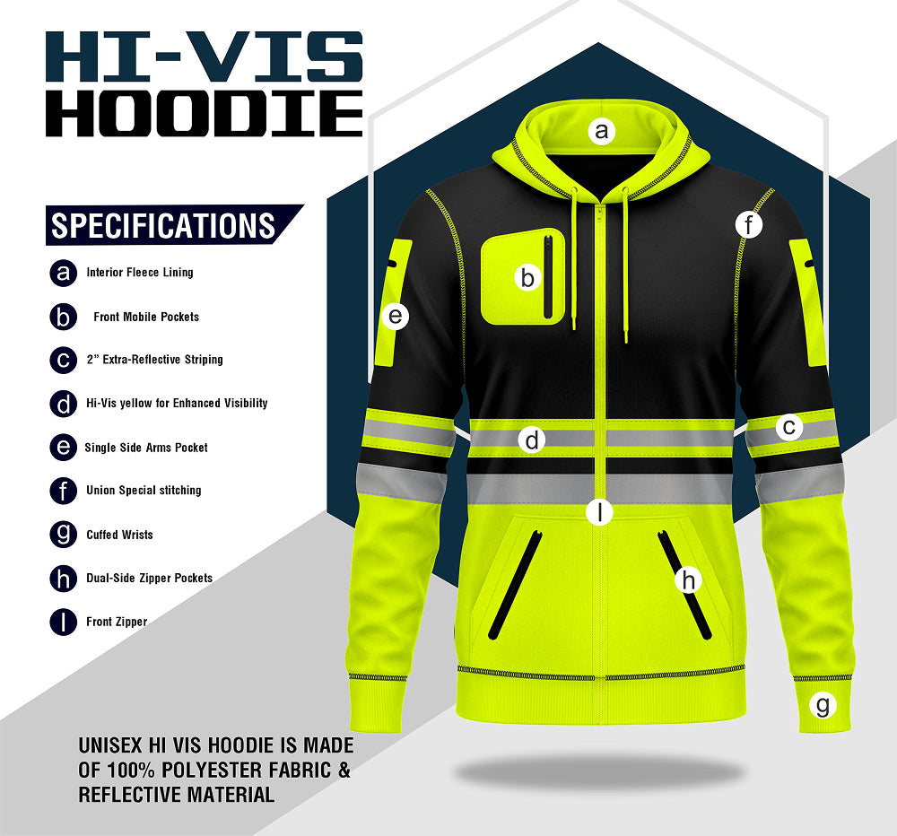 Hi-Vis Fullzip Hoodie 1013 Yellow/Black – detail view of reflective tape and zip