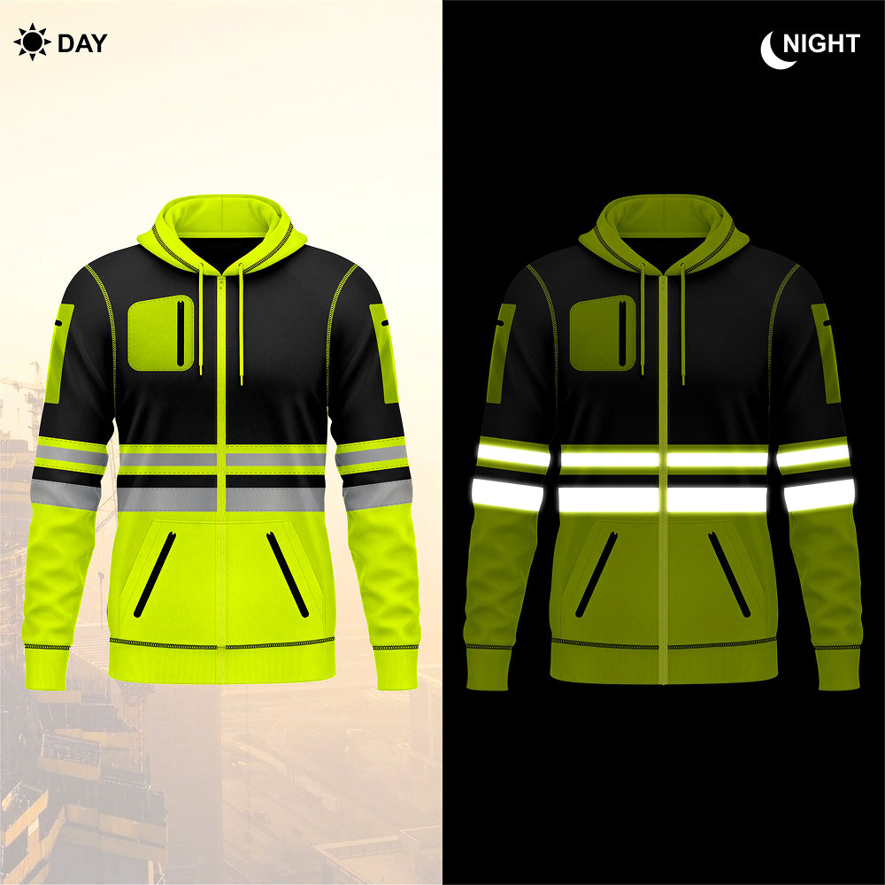 Hi-Vis Fullzip Hoodie 1013 Yellow/Black – close-up detail shot