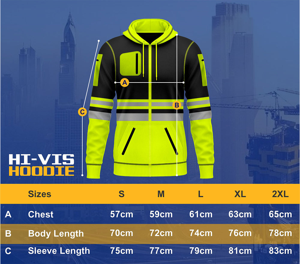 Hi-Vis Fullzip Hoodie 1013 Yellow/Black size chart – S to 5XL