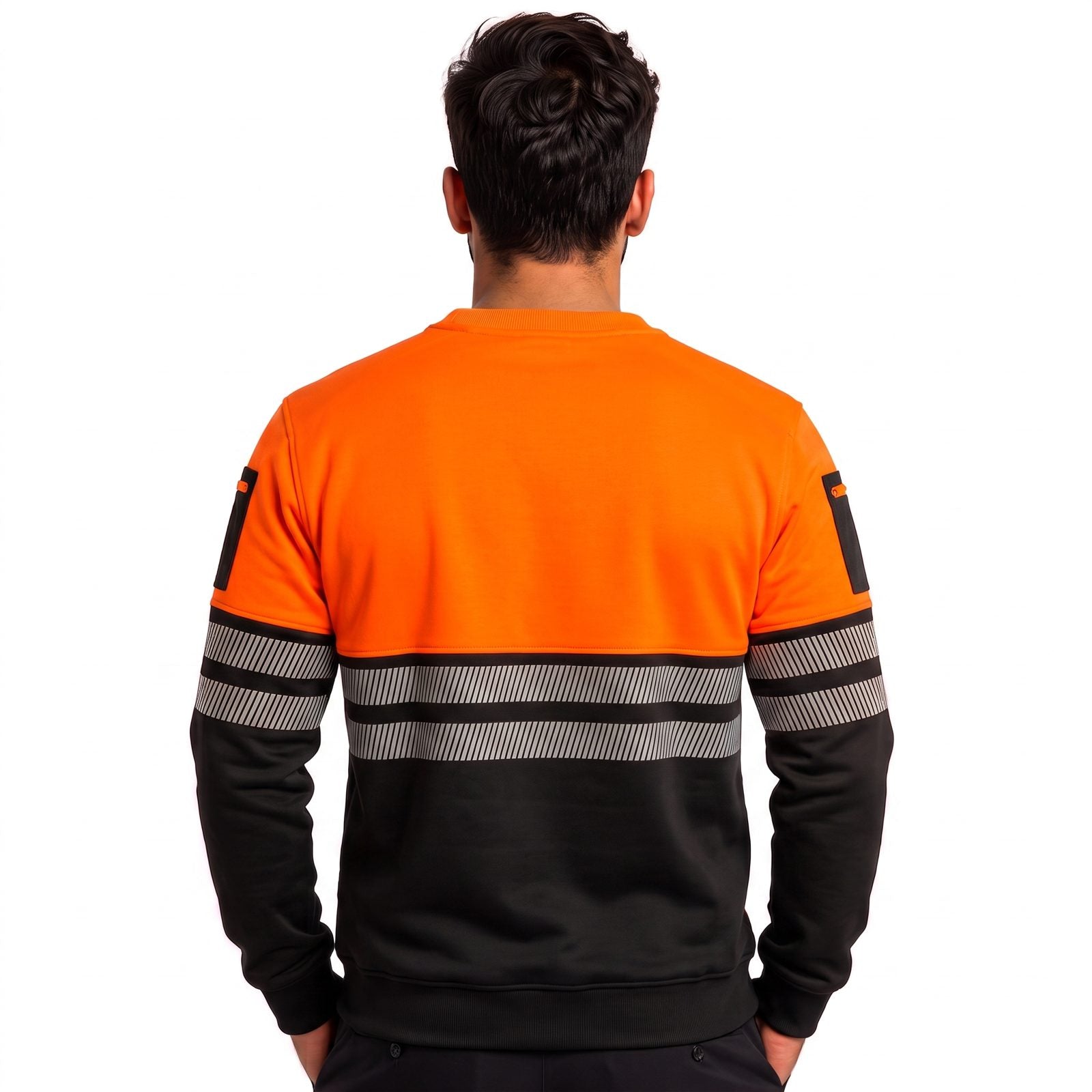 Hi-Vis Pullover Zipped Pockets Crew Neck Sweatshirt - Black/Orange - front view
