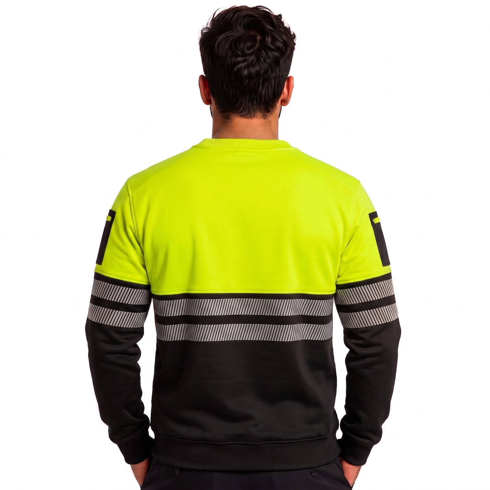 Hi-Vis Pullover Zipped Pockets Crew Neck Sweatshirt - Black/Yellow - front view