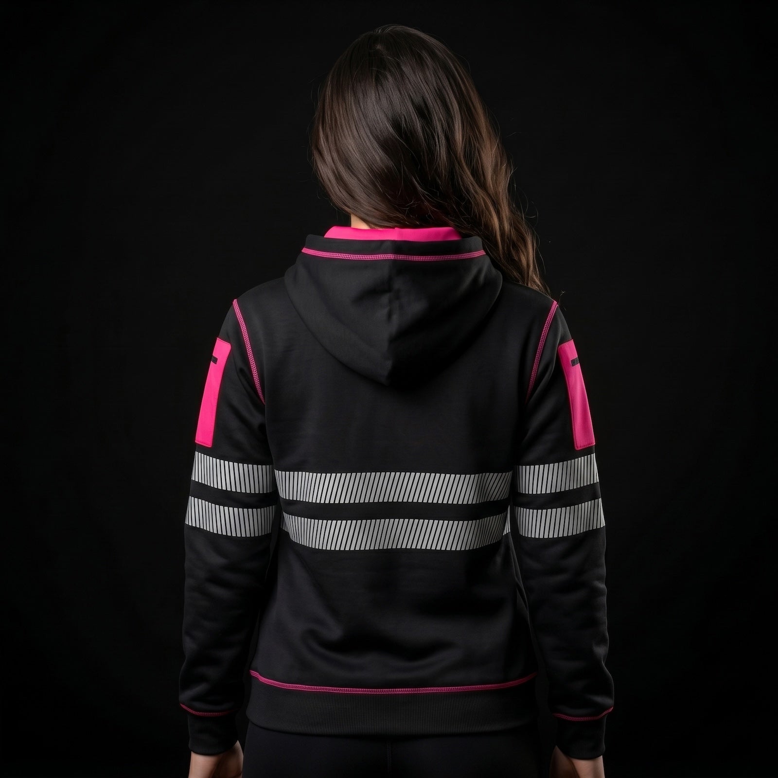 Pink and black hi-vis workwear fleece pullover hoodie with reflective tape – back view, worn by model