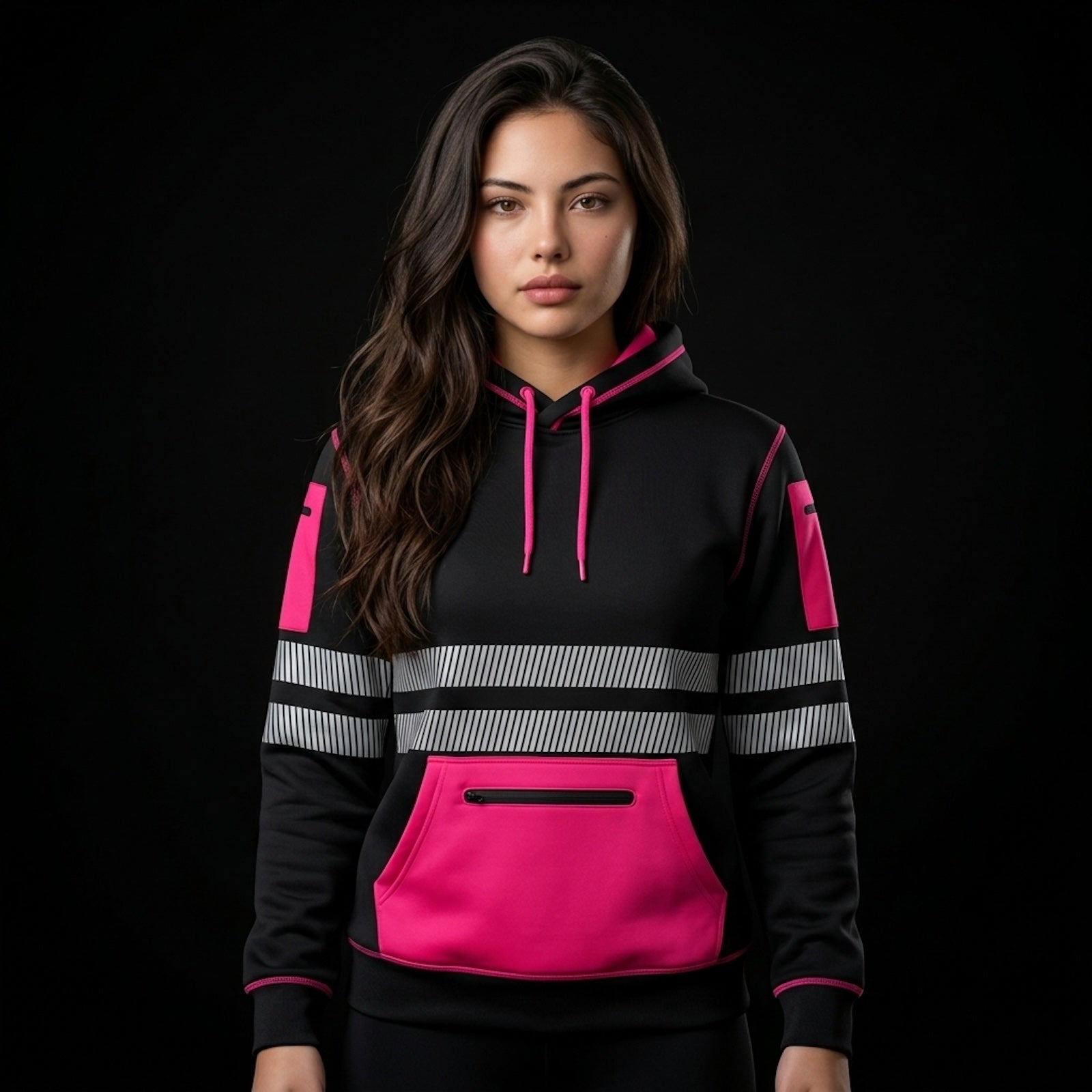 Pink and black hi-vis workwear fleece pullover hoodie with reflective tape – front view, worn by model