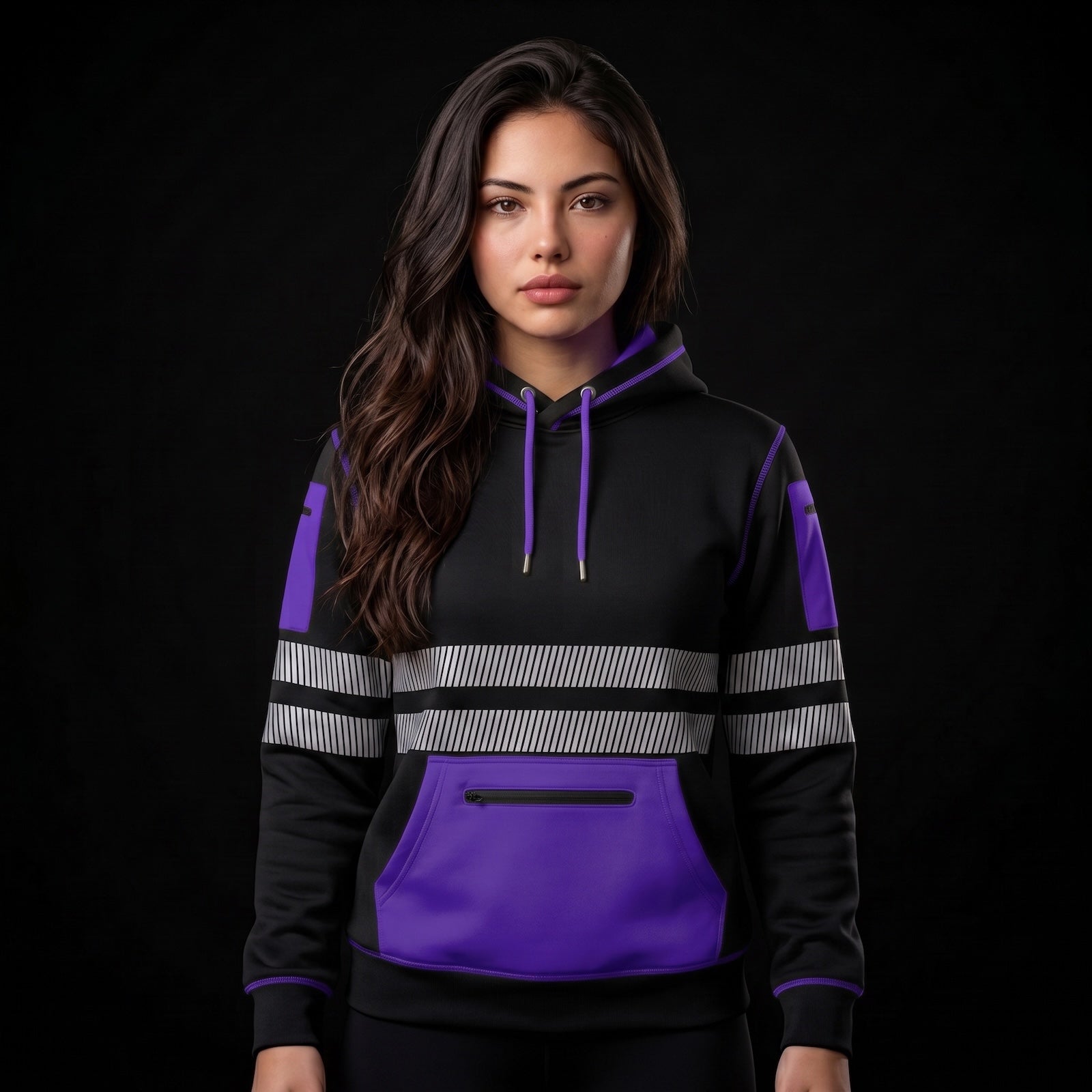 Purple and black hi-vis workwear fleece pullover hoodie with reflective tape – front view, worn by model