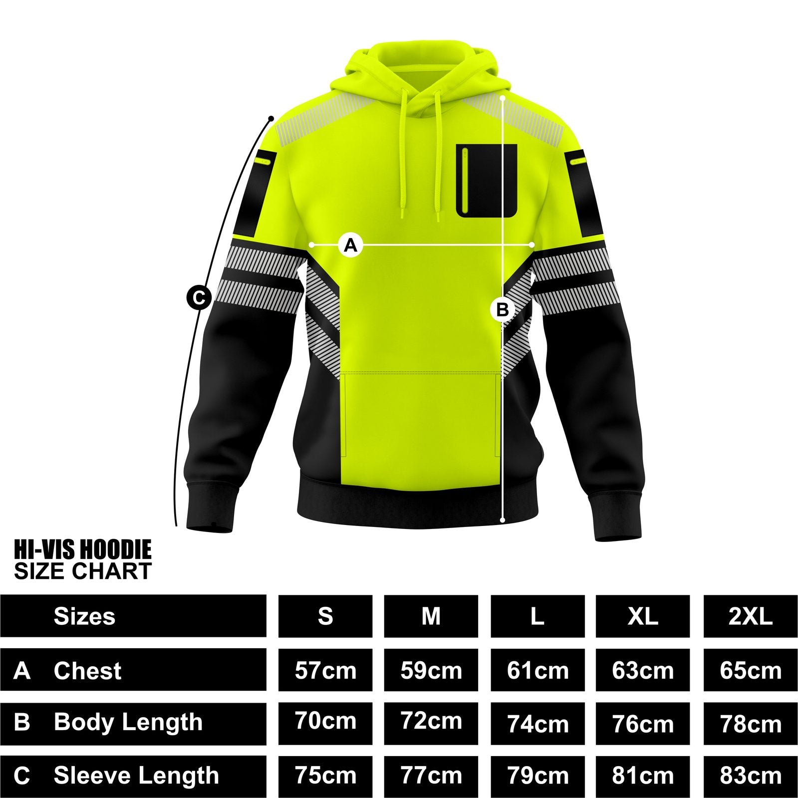 Mens Hi-Vis Hoodie with Reflective Tape - Yellow/Black - fabric detail
