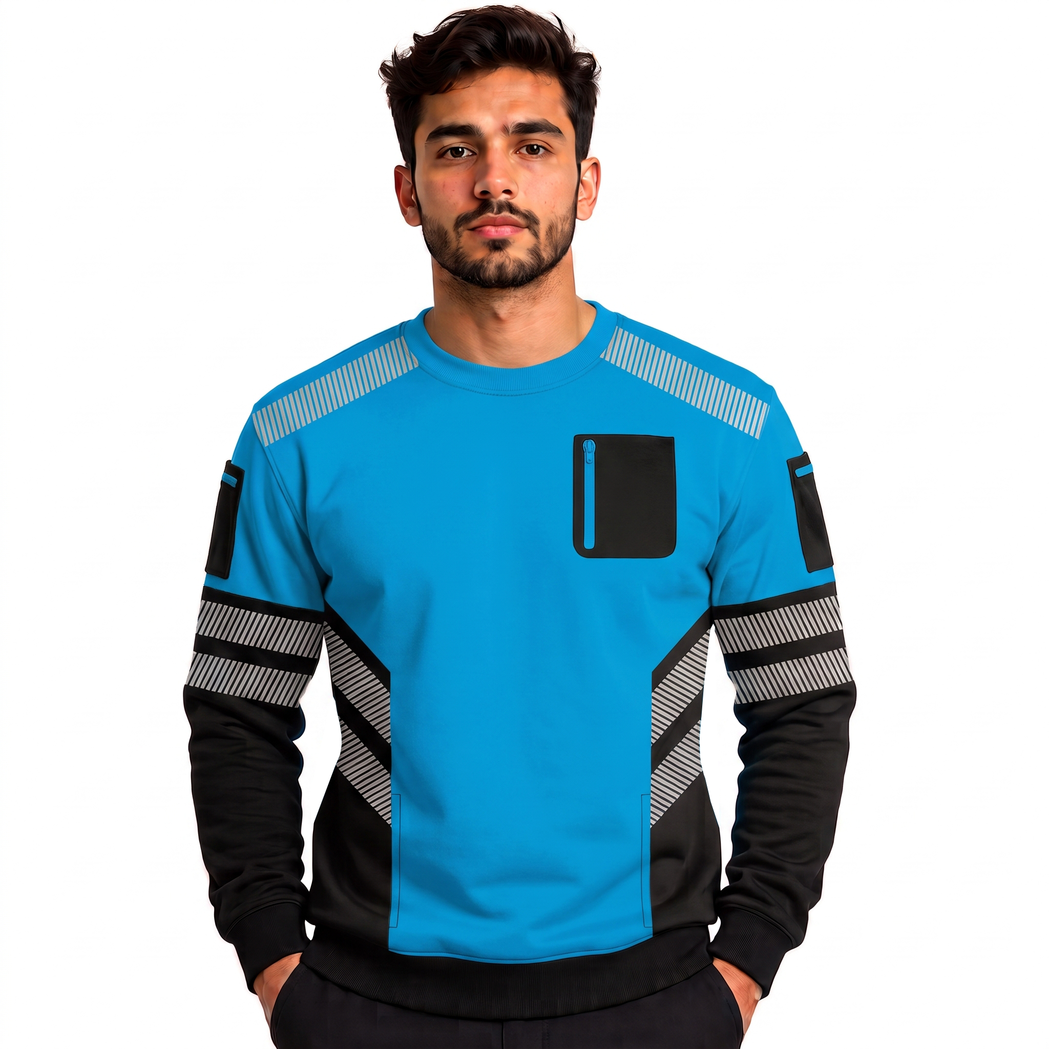 Hi-Vis Pullover Zipped Pockets Crew Neck Sweatshirt - Black/Blue - front view