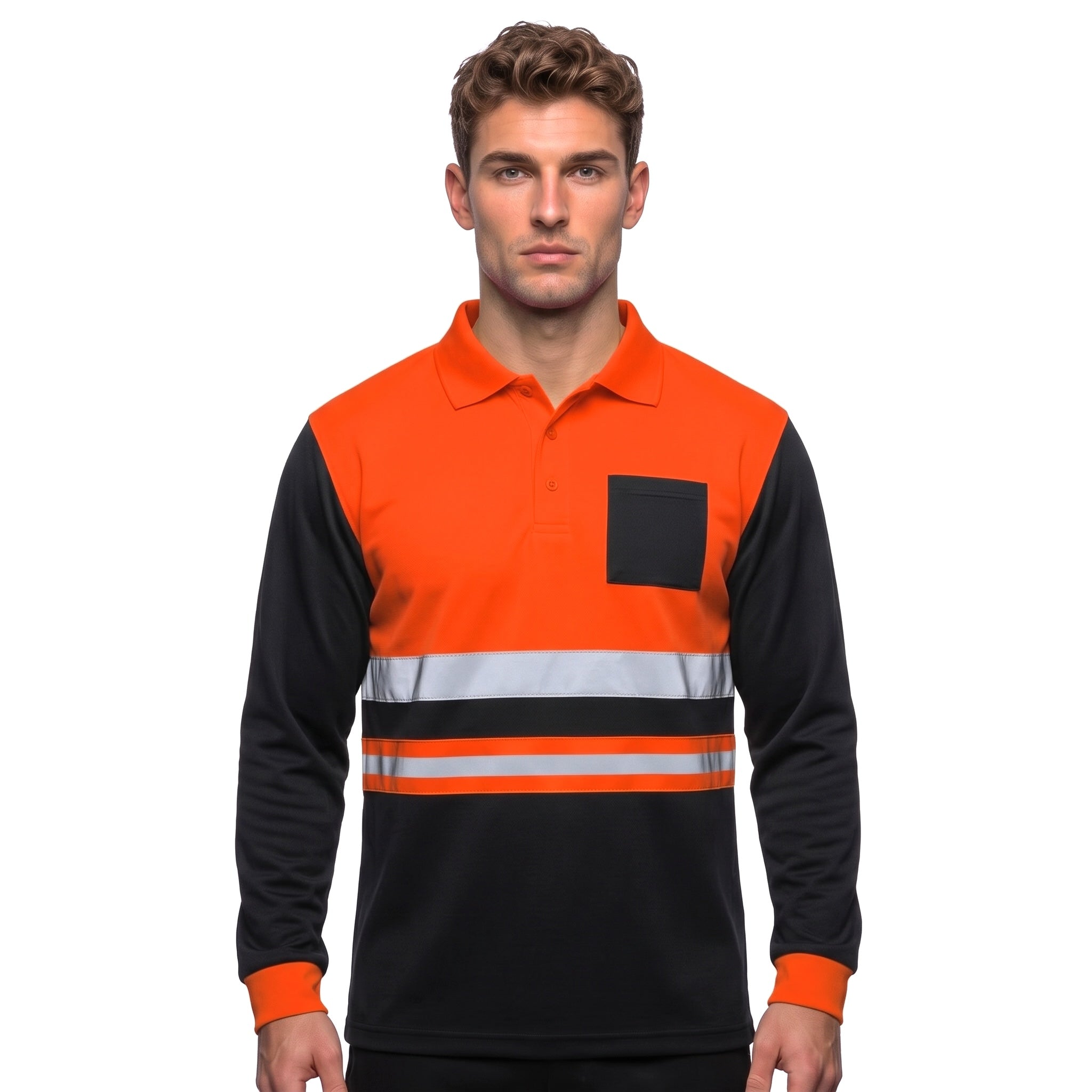 Man wearing orange and black long sleeve hi vis polo shirt with chest pocket and reflective stripes, front view