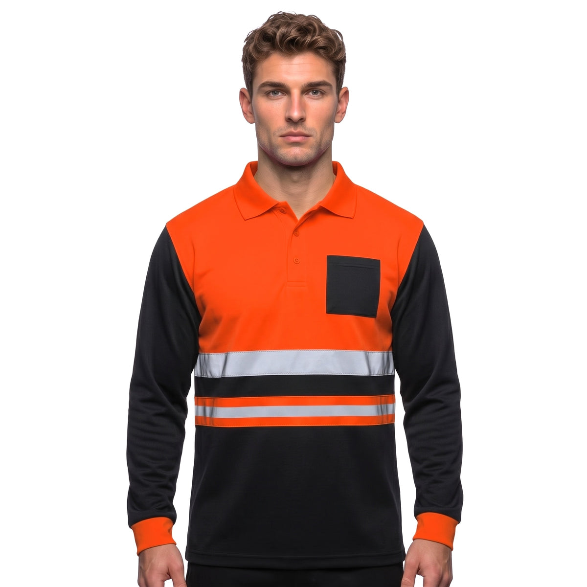 Man wearing orange and black long sleeve hi vis polo shirt with chest pocket and reflective stripes, front view
