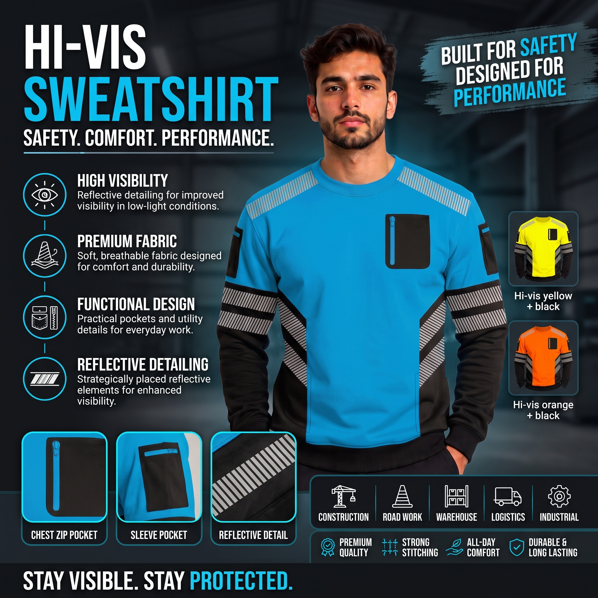 Hi-Vis Pullover Zipped Pockets Crew Neck Sweatshirt - Black/Blue - front view close-up