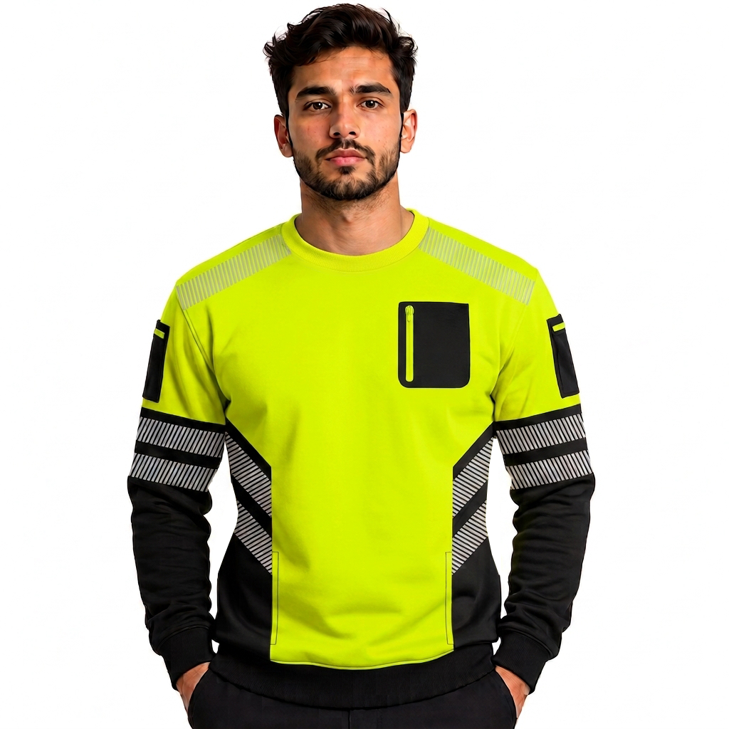 Hi-Vis Pullover Zipped Pockets Crew Neck Sweatshirt - Black/Yellow - model front view