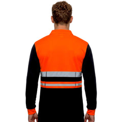 Back view of orange and black long sleeve hi vis polo shirt with reflective stripes across the back