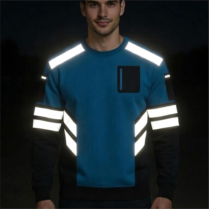Hi-Vis Pullover Zipped Pockets Crew Neck Sweatshirt - Black/Blue - reflective tape detail