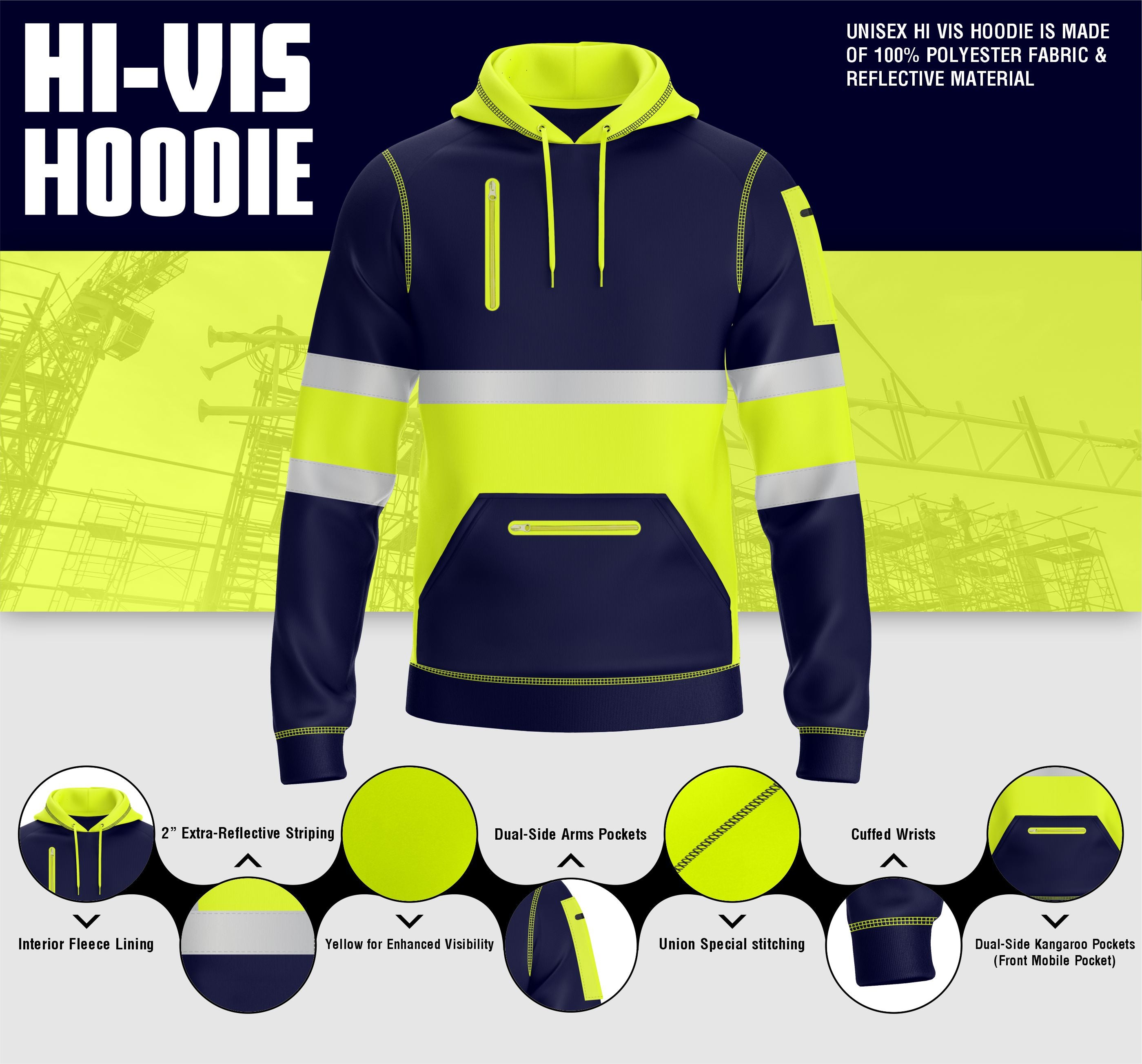 Hi-Vis Work Hoodie 1001 - Yellow/Navy | Fleece Workwear TORO ACTIVA