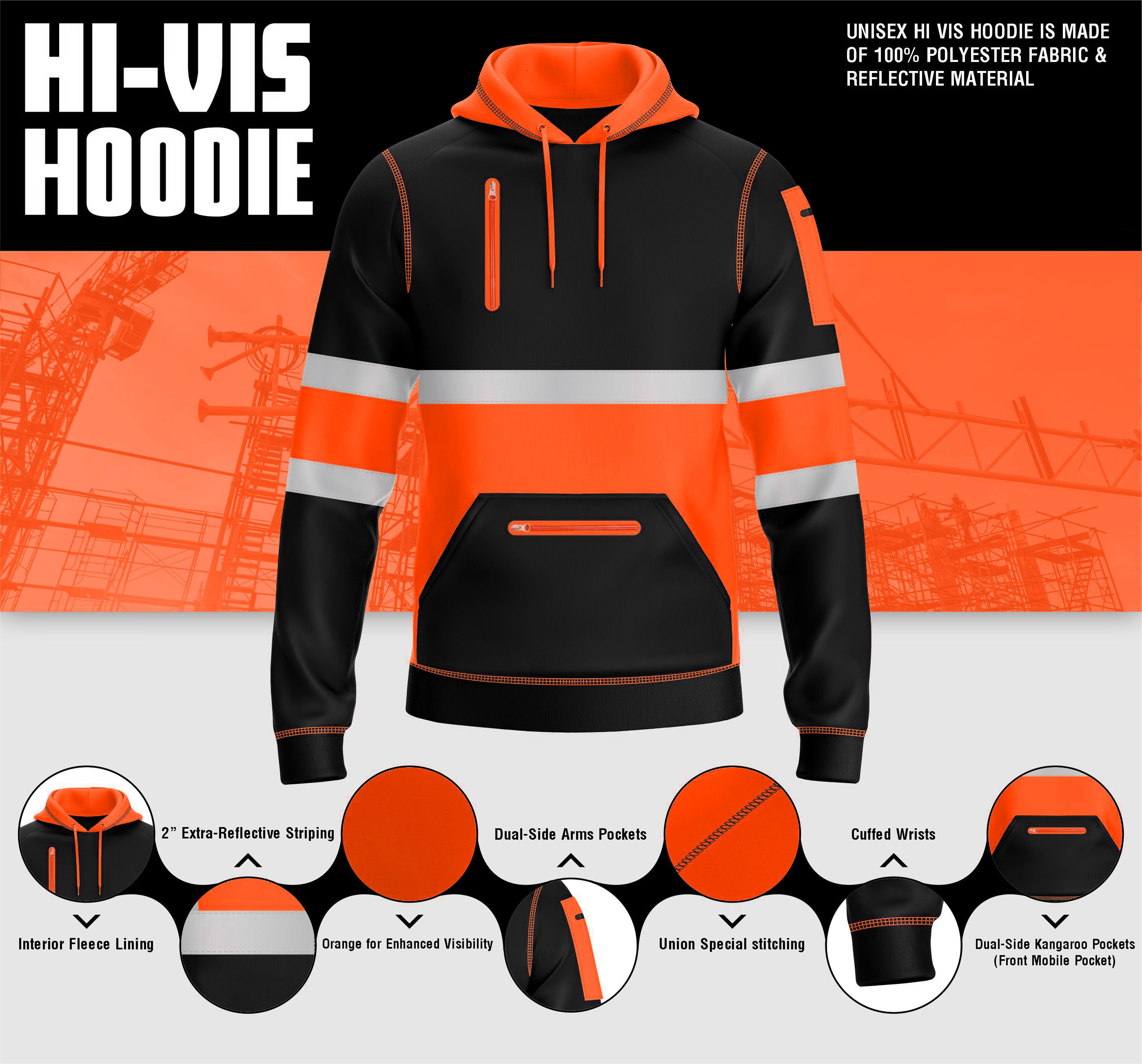 Hi-Vis Work Hoodie 1001 - Orange/Black | Fleece Workwear TORO ACTIVA