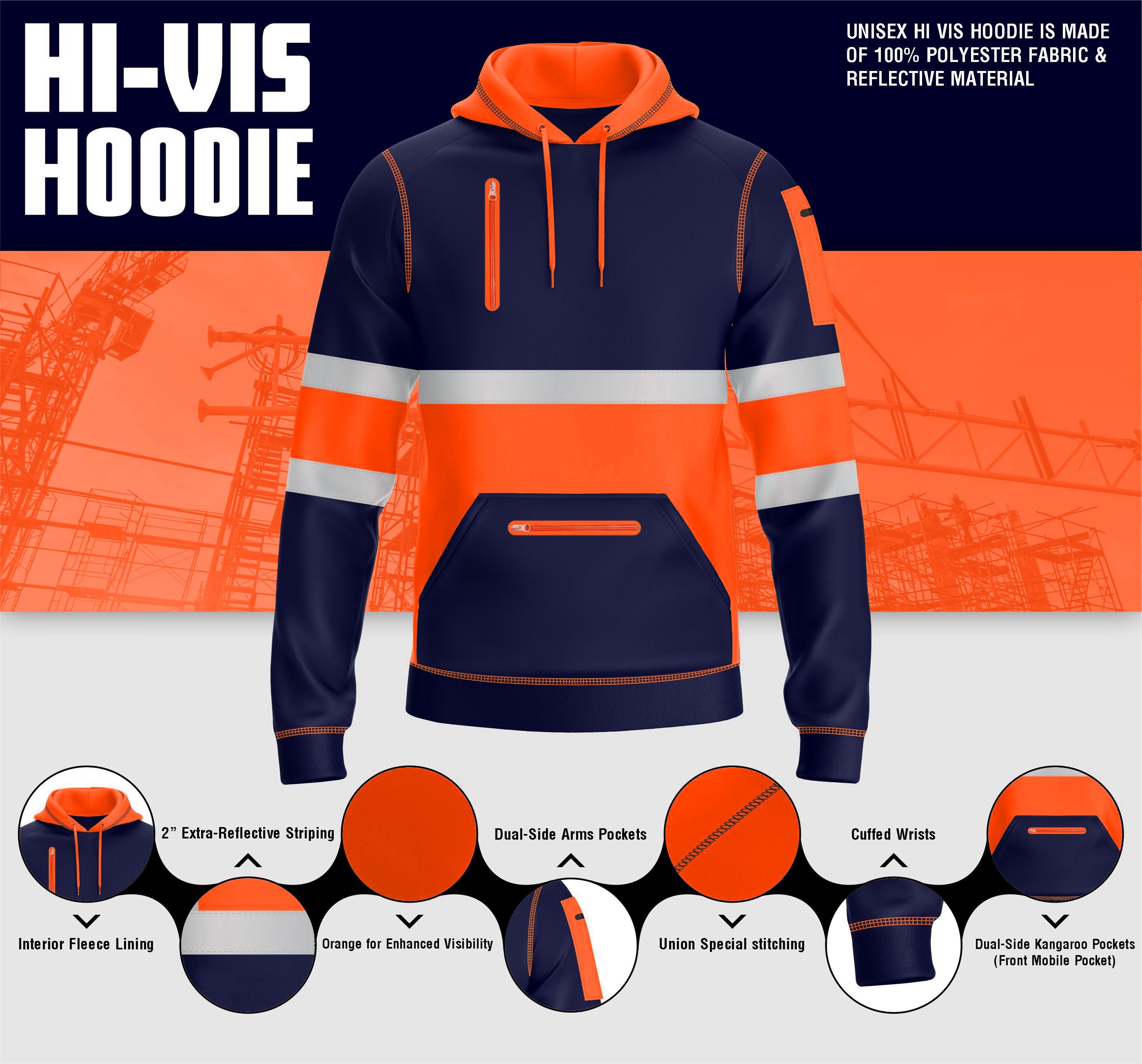 Hi-Vis Work Hoodie 1001 - Orange/Navy | Fleece Workwear TORO ACTIVA