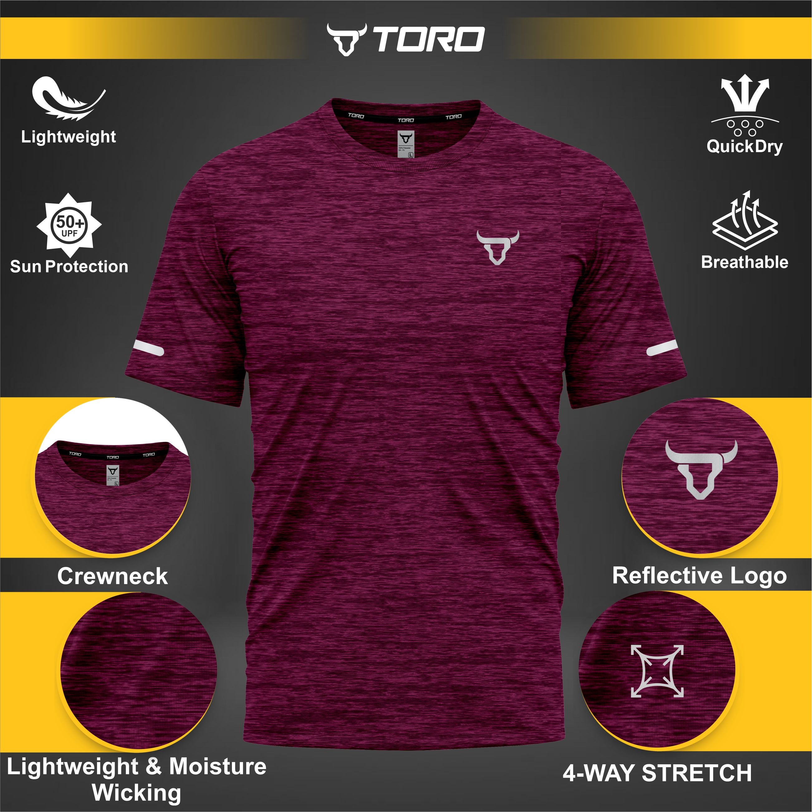 Toro Activa Youth Melange Performance Tee 3-Pack - Maroon - fabric detail