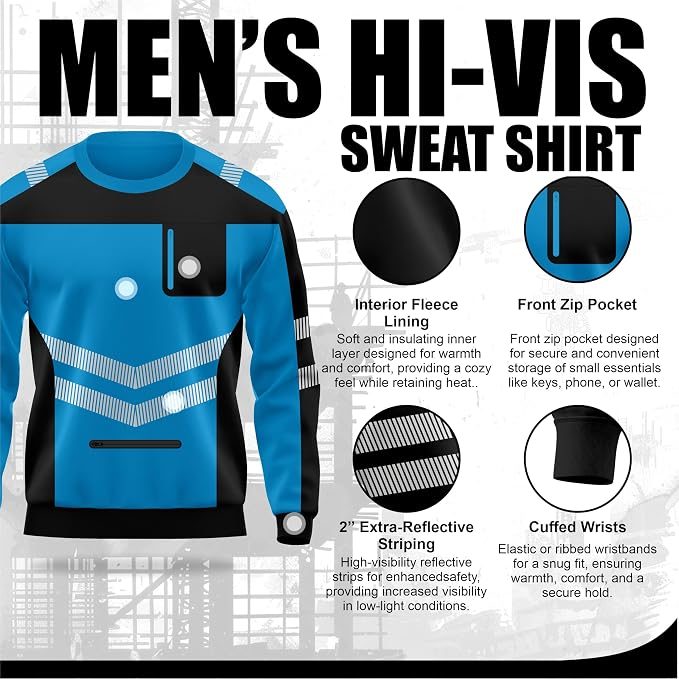 Hi-Vis Pullover Pockets Crew Neck Cuffed Sweatshirt - Black/Blue - zip pocket detail