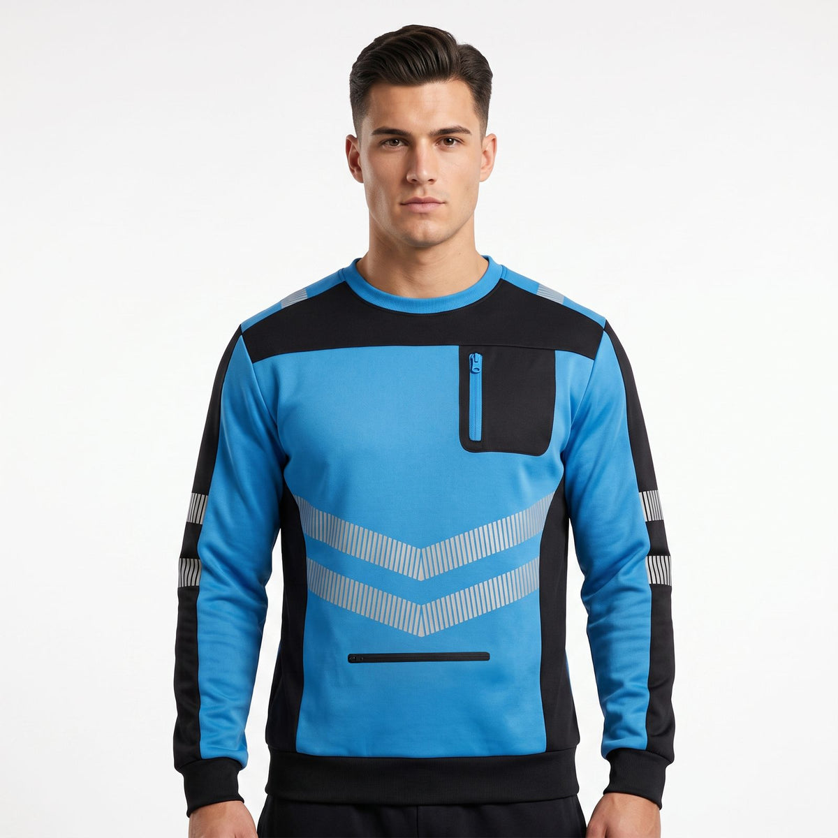 Hi-Vis Pullover Pockets Crew Neck Cuffed Sweatshirt - Black/Blue - model photo