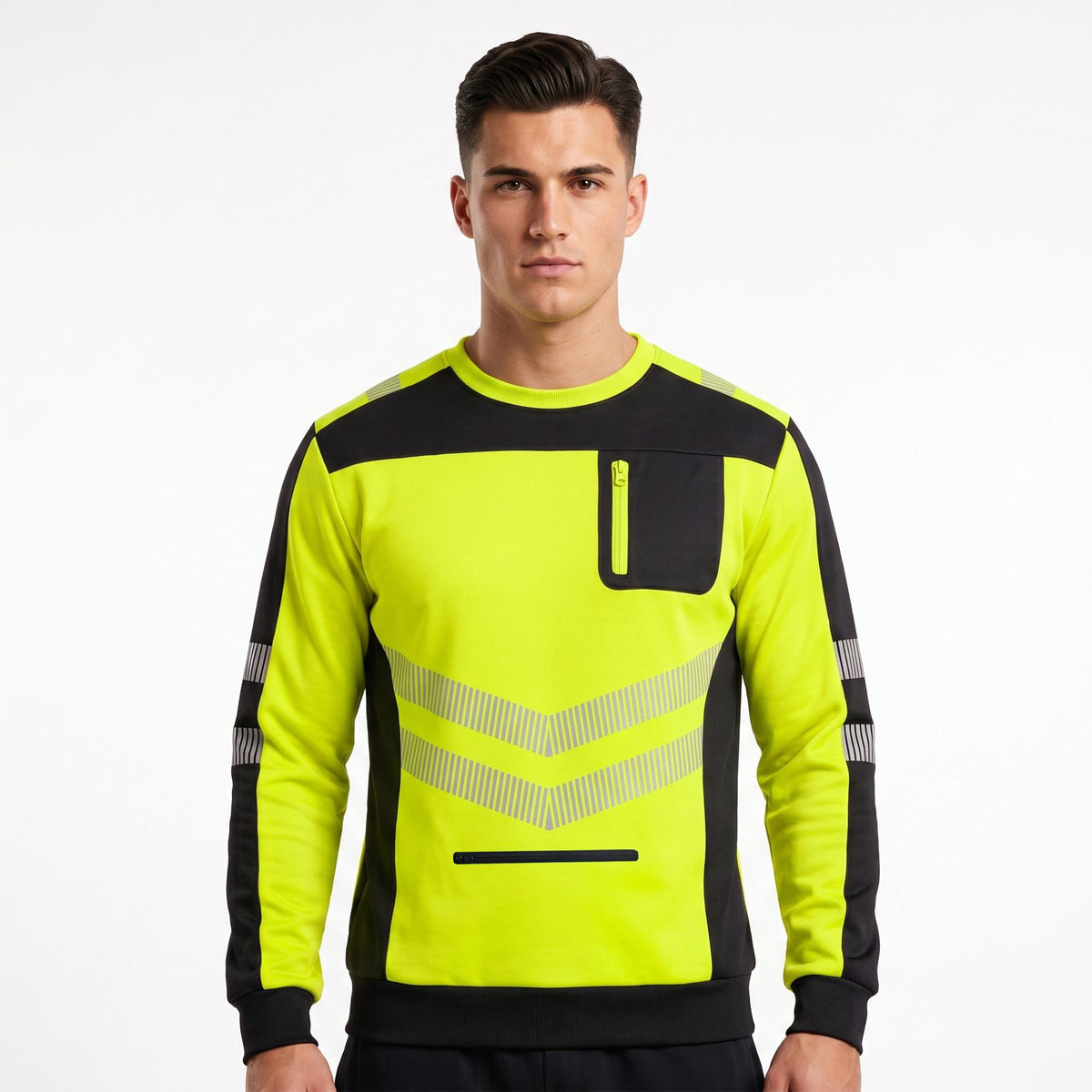 Hi-Vis Pullover Pockets Crew Neck Cuffed Sweatshirt - Black/Yellow - model photo