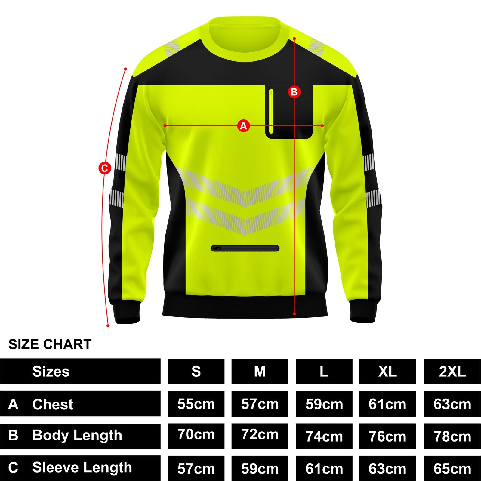 Hi-Vis Pullover Pockets Crew Neck Cuffed Sweatshirt - Black/Yellow - size chart