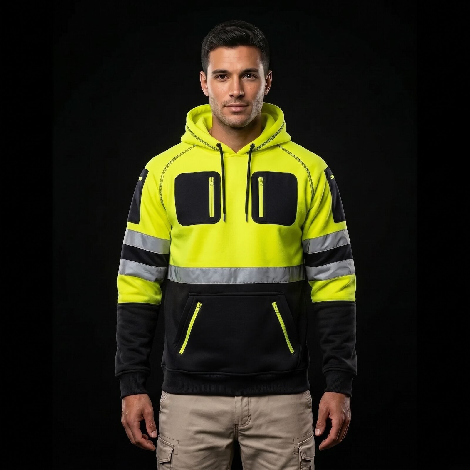 Hi-Vis Fleece Hoodie – Yellow/Black Workwear, back view