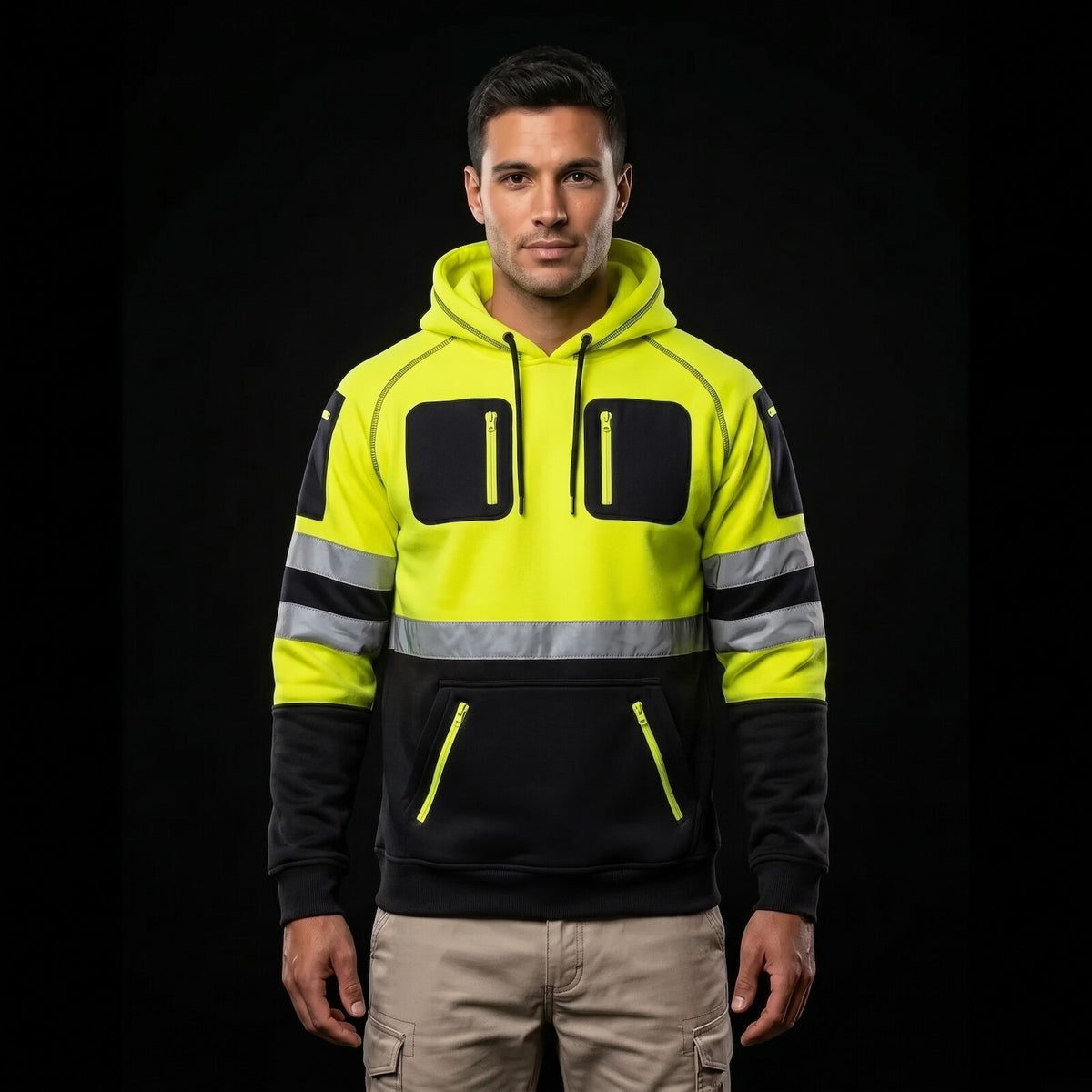 Hi-Vis Fleece Hoodie – Yellow/Black Workwear, back view