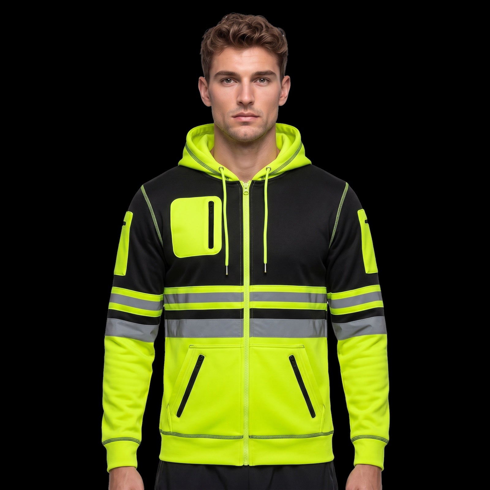 Yellow and black hi-vis fleece fullzip hoodie with reflective tape – front view, worn by model