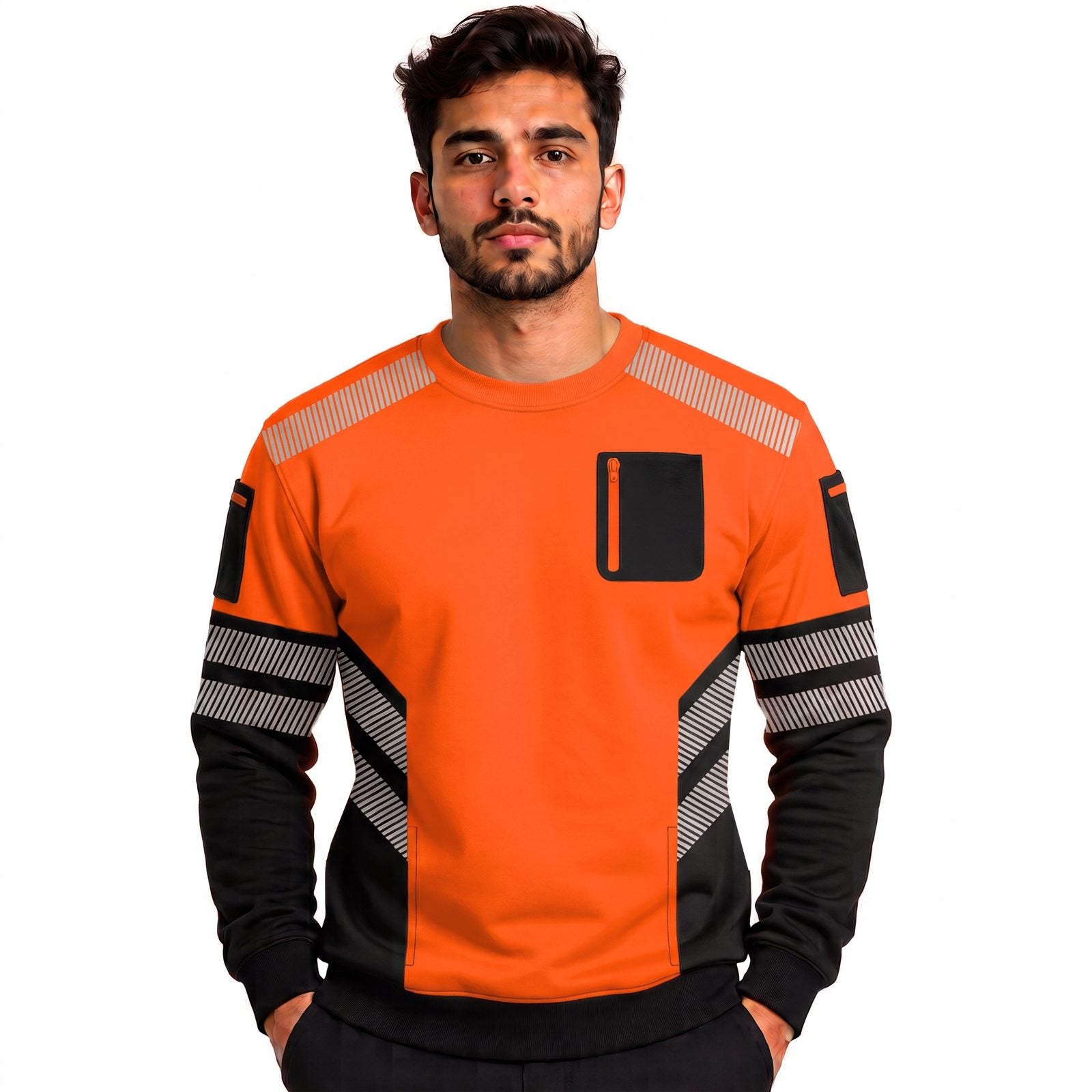 Hi-Vis Pullover Zipped Pockets Crew Neck Sweatshirt - Black/Orange - back view
