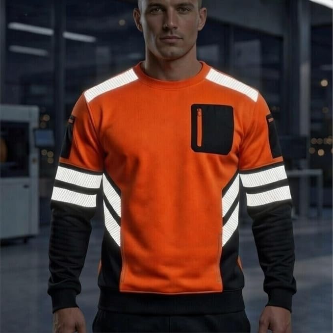 Hi-Vis Pullover Zipped Pockets Crew Neck Sweatshirt - Black/Orange - reflective tape detail