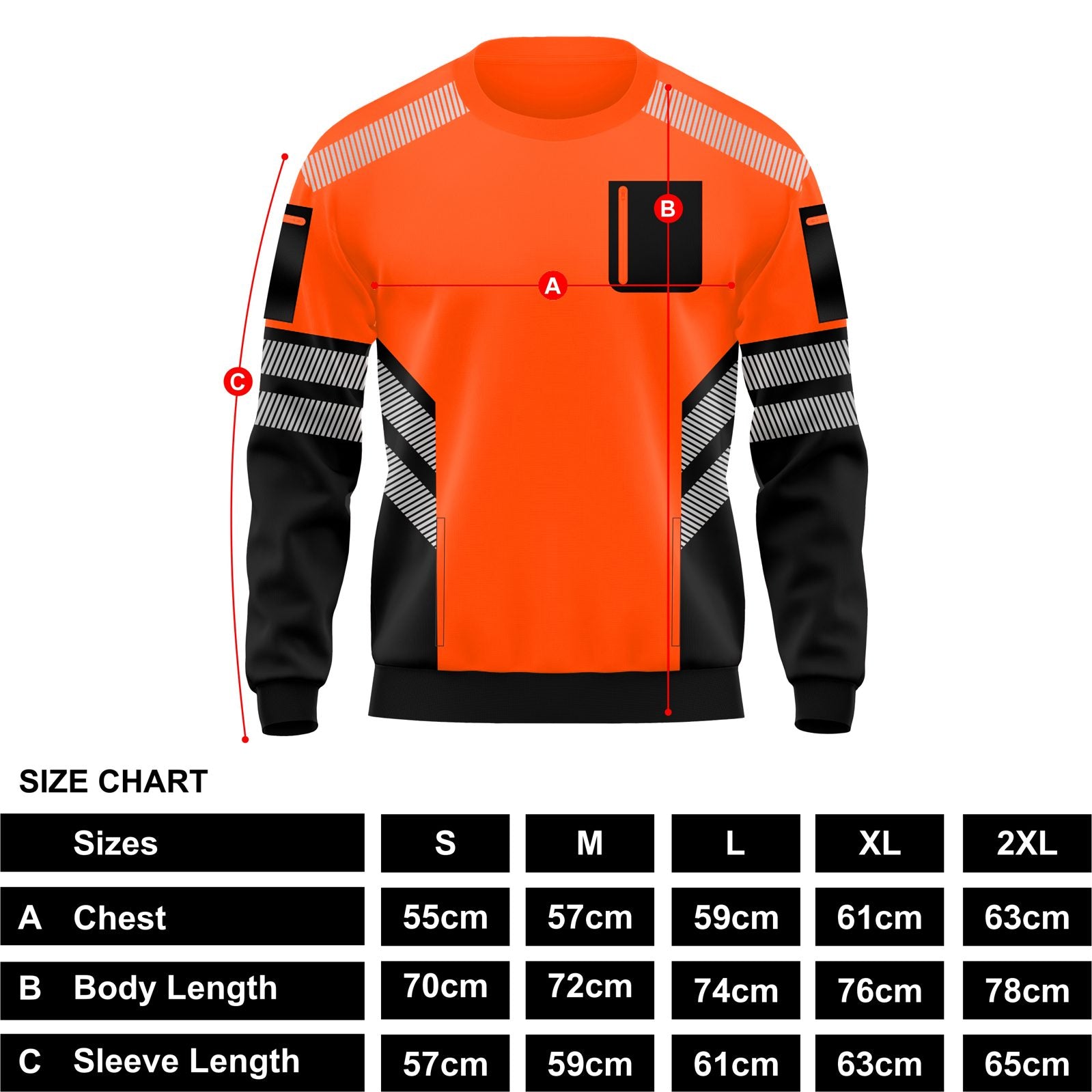 Hi-Vis Pullover Zipped Pockets Crew Neck Sweatshirt - Black/Orange - size chart