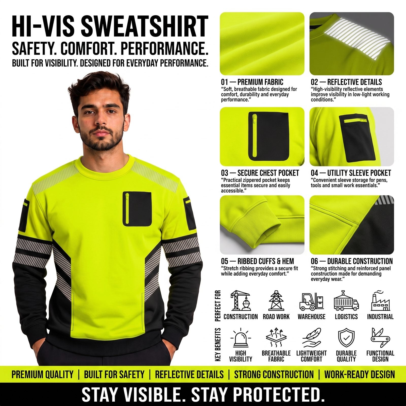 Hi-Vis Pullover Zipped Pockets Crew Neck Sweatshirt - Black/Yellow - back view