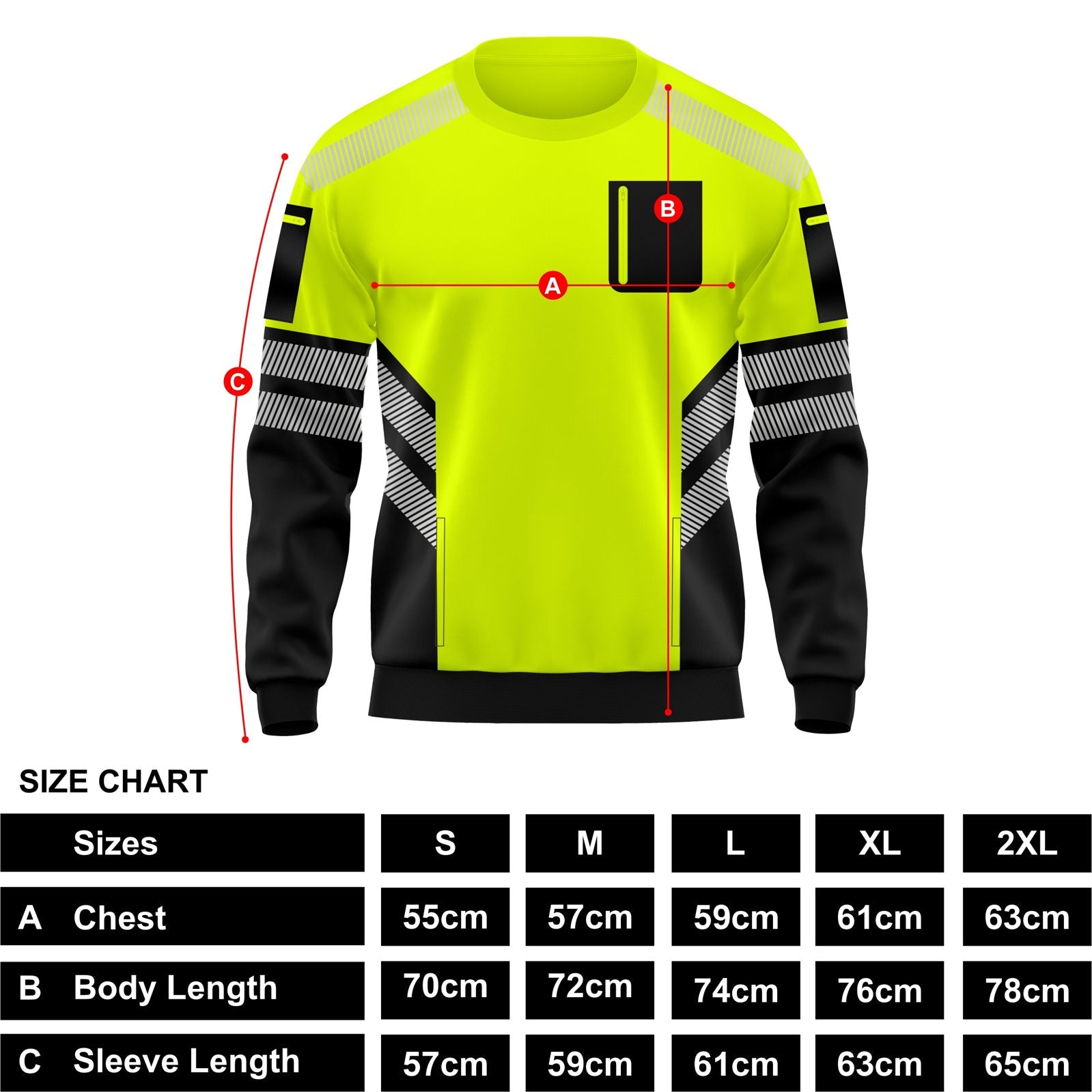 Hi-Vis Pullover Zipped Pockets Crew Neck Sweatshirt - Black/Yellow - fabric detail