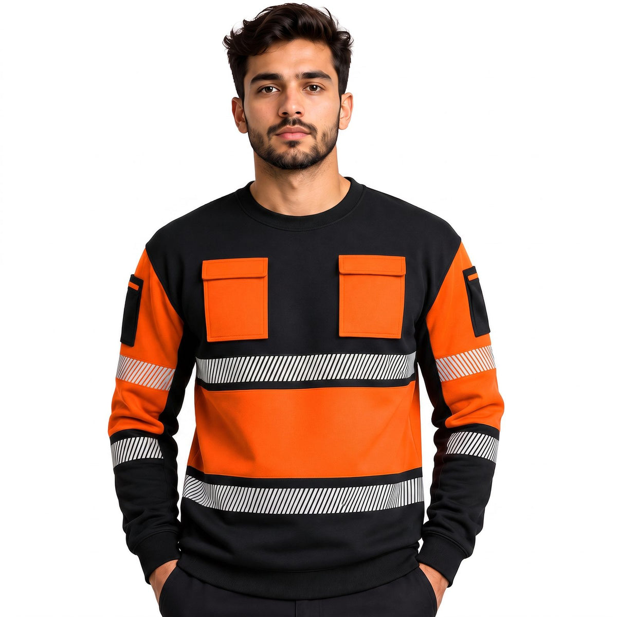 Orange and Black Hi-Vis Long Sleeve Round Neck Sweatshirt - front view
