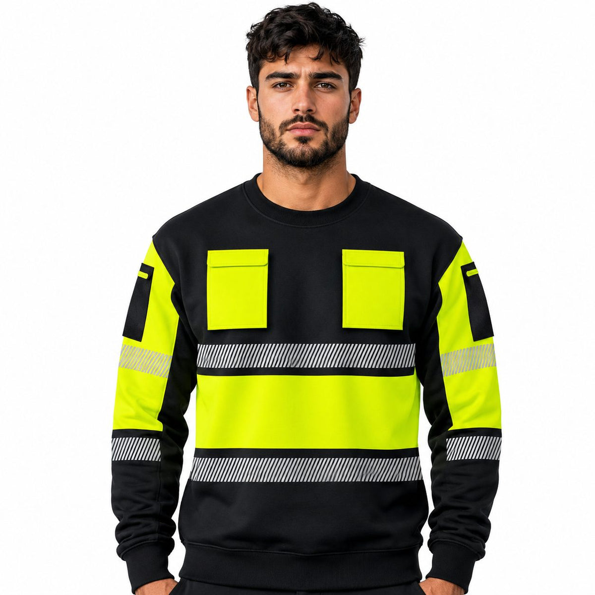 Yellow and Black Hi-Vis Long Sleeve Round Neck Sweatshirt - front view