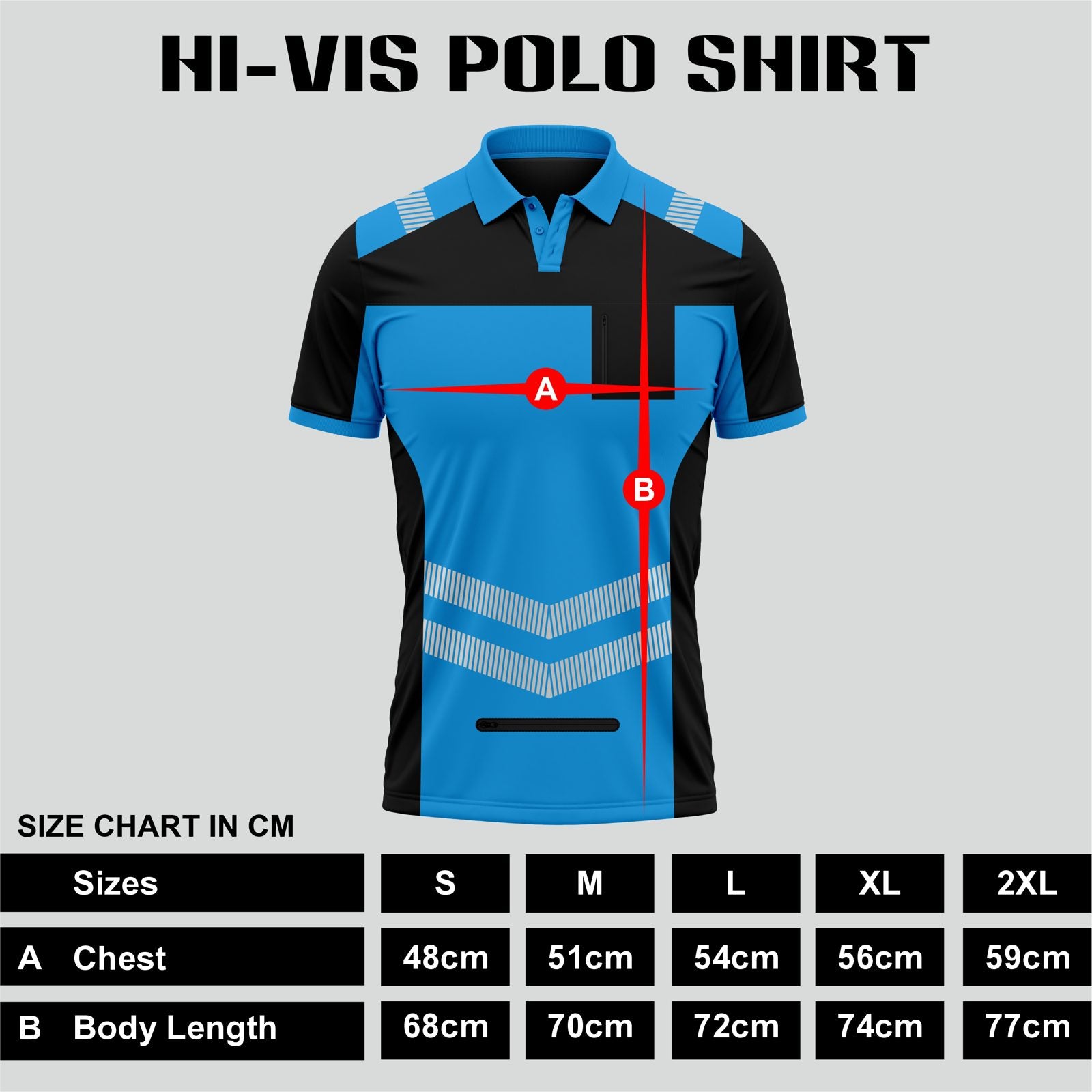 Hi-Vis Short Sleeve T-Shirt 808 - Blue/Black - size chart