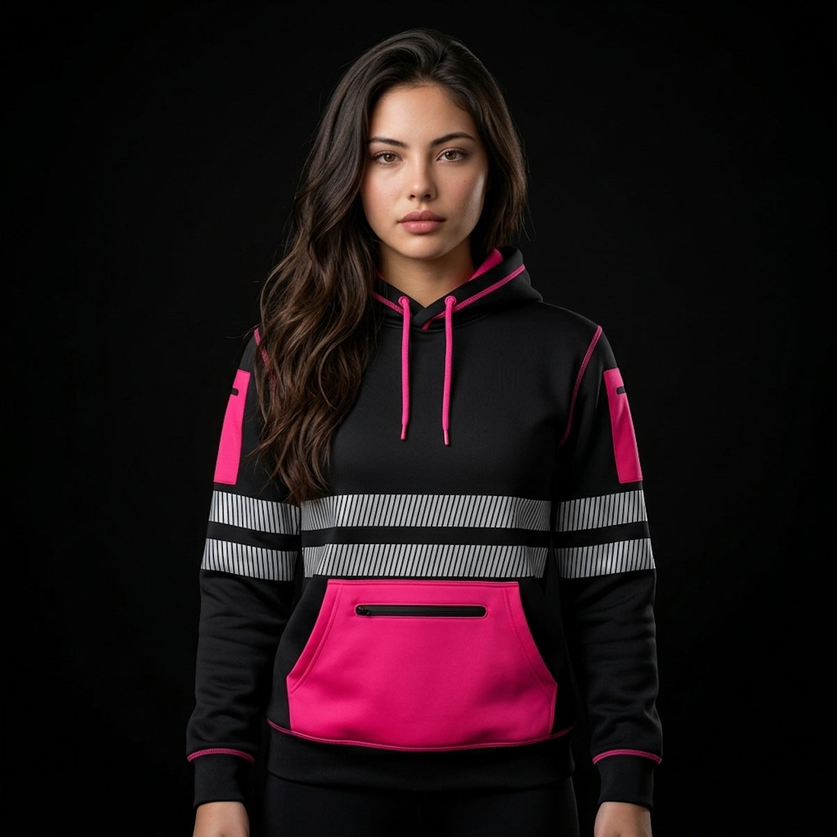 Pink and black hi-vis workwear fleece pullover hoodie with reflective tape – front view, worn by model