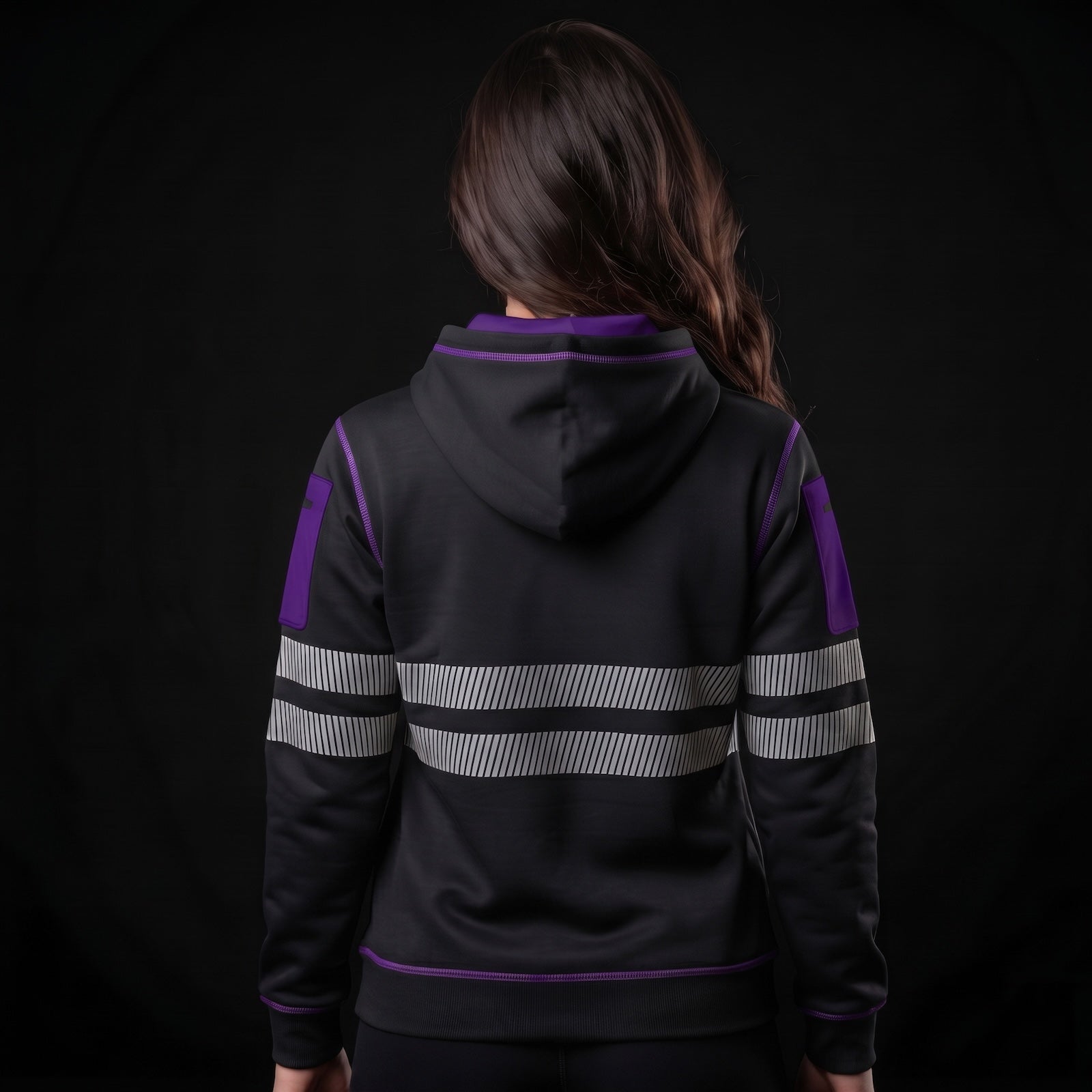 Purple and black hi-vis workwear fleece pullover hoodie with reflective tape – back view, worn by model