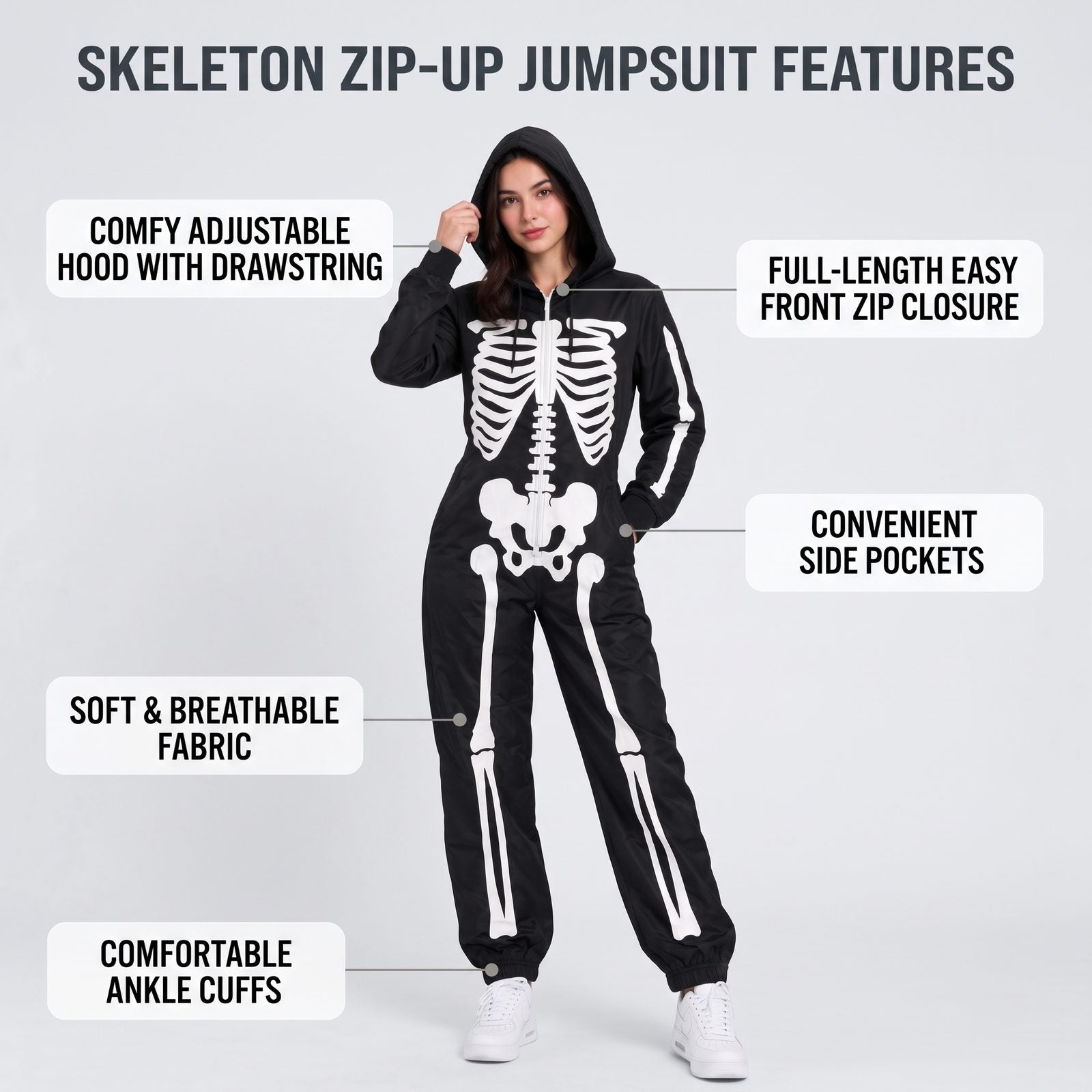 Toro Activa Ladies Skeleton Print Zip Up Onesie - Black - side view