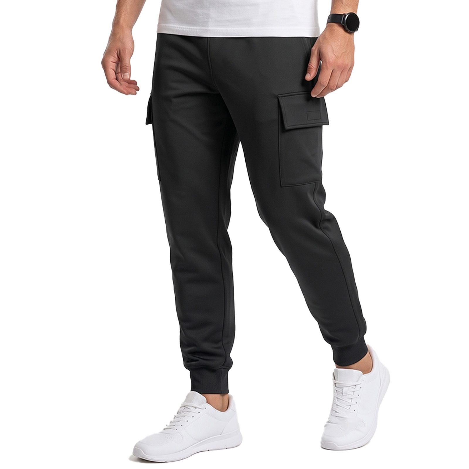 Mens Cargo Fleece Cuffed Slim Fit Track Pants - Black - detail view