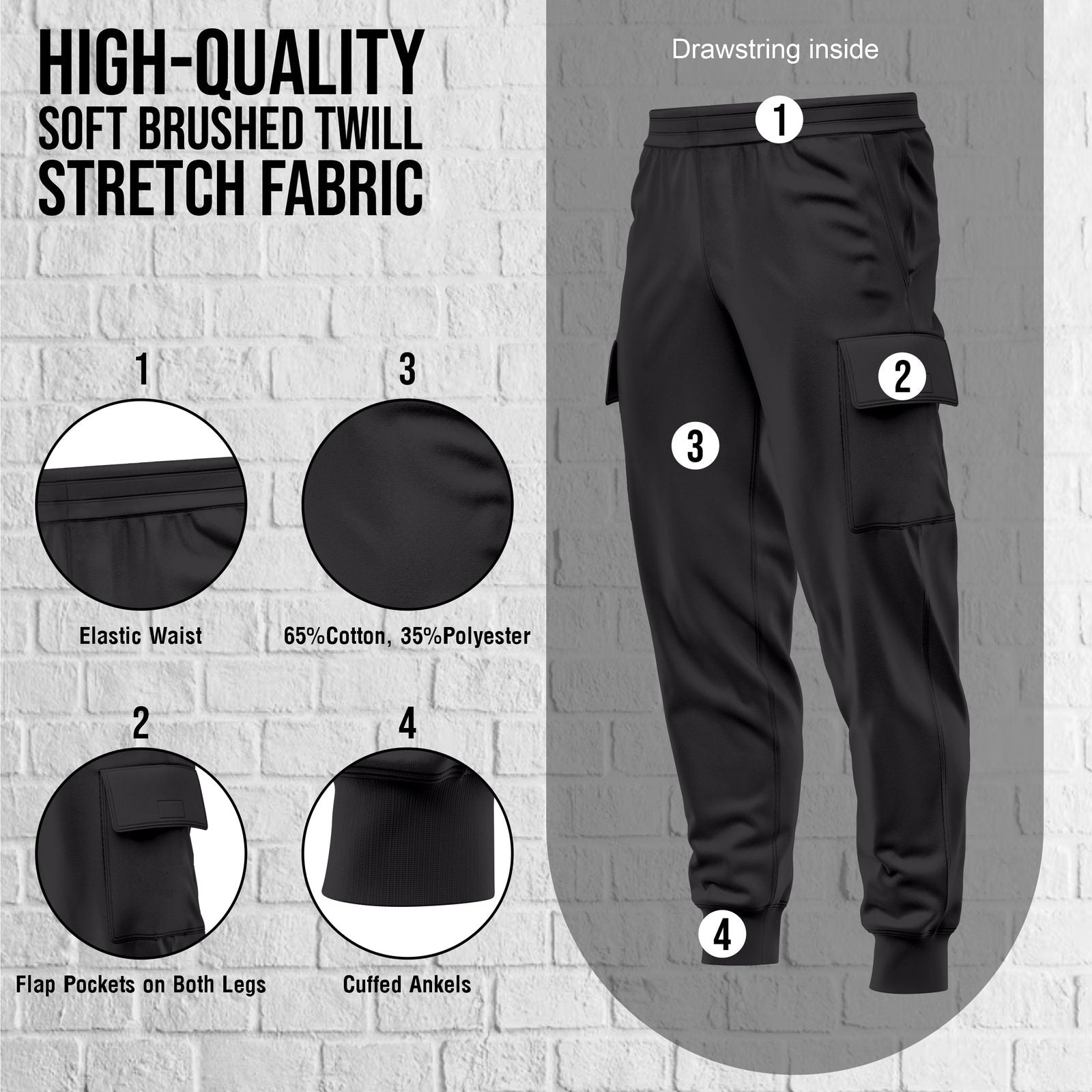 Mens Cargo Fleece Cuffed Slim Fit Track Pants - Black - cargo pocket detail