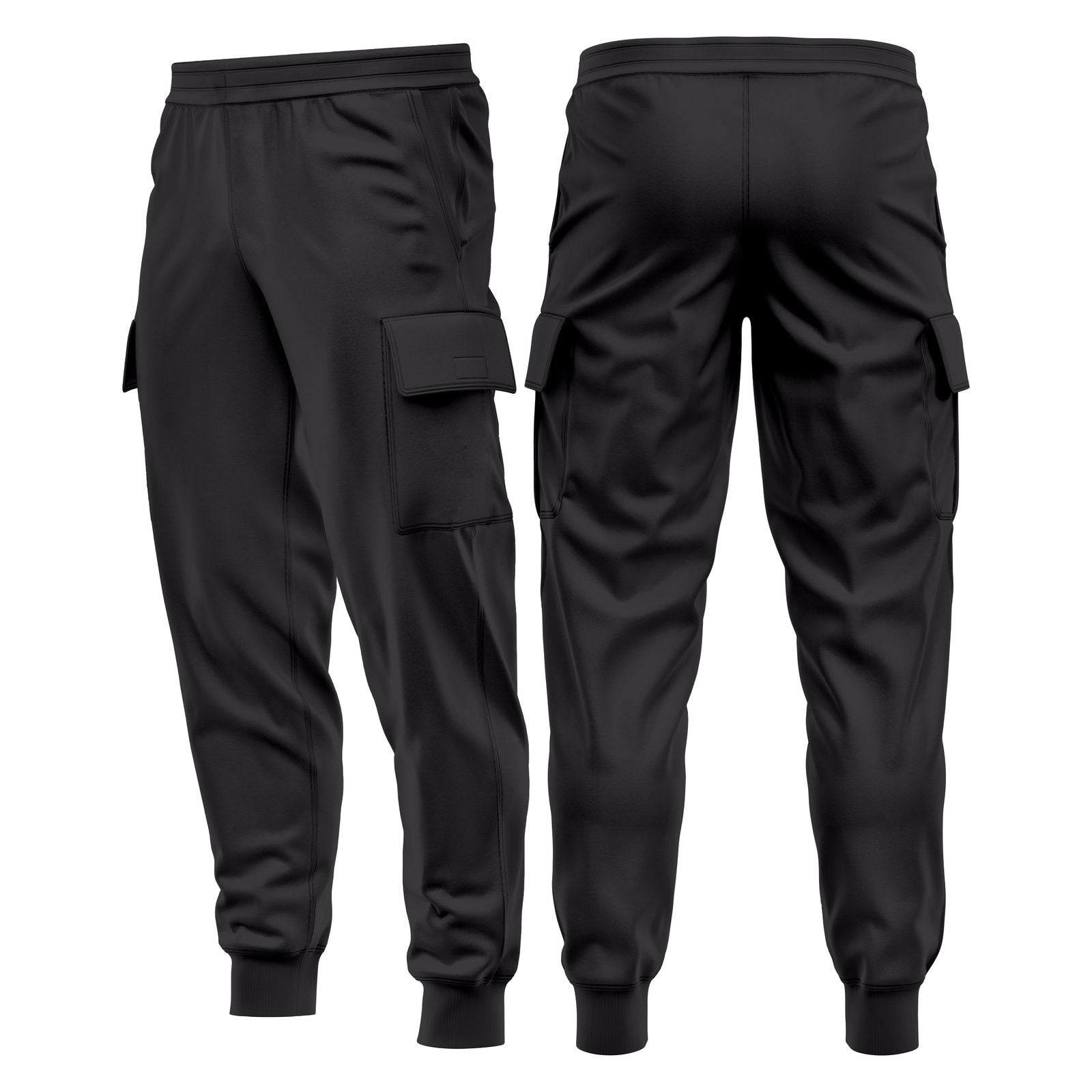 Mens Cargo Fleece Cuffed Slim Fit Track Pants - Black - front and back view