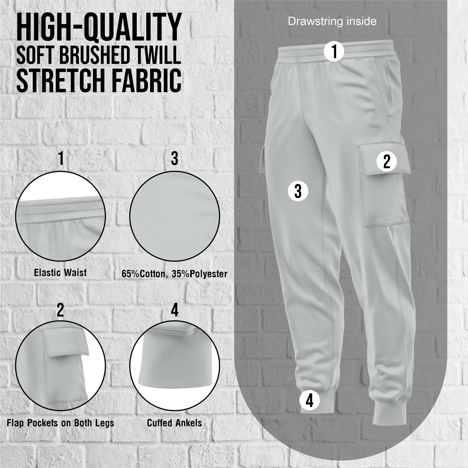 Mens Cargo Fleece Cuffed Slim Fit Track Pants - Light Grey - cargo pocket detail