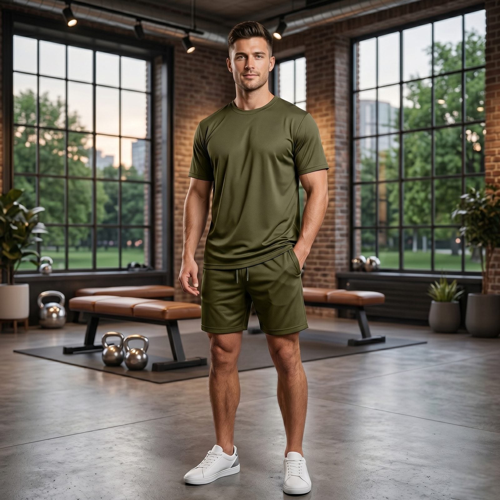 Mens Gym Set T-Shirt & Shorts - Olive TORO ACTIVA