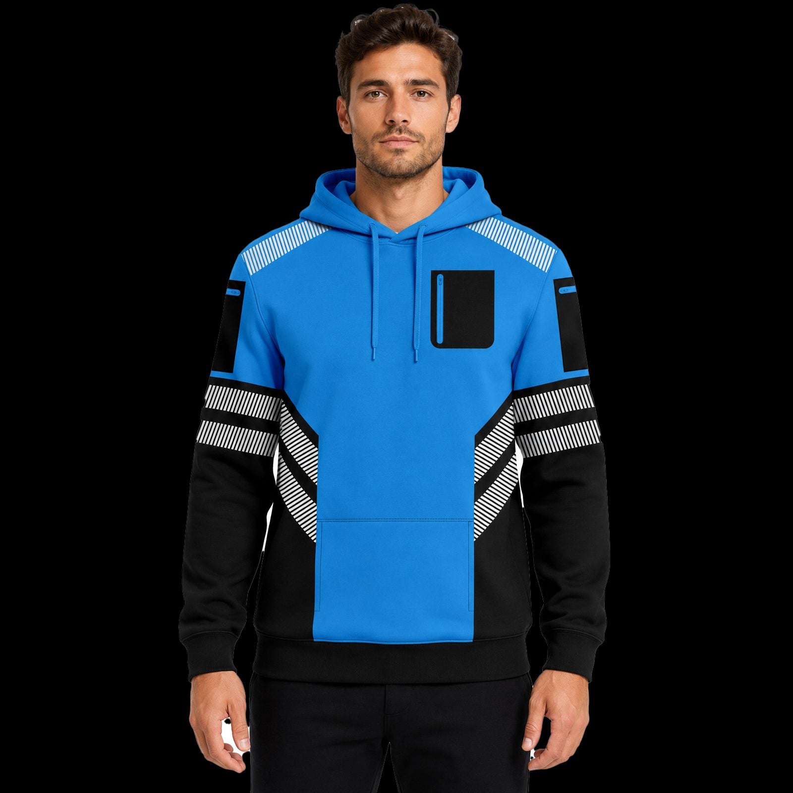 Mens Hi-Vis Hoodie with Reflective Tape - Blue/Black - front view