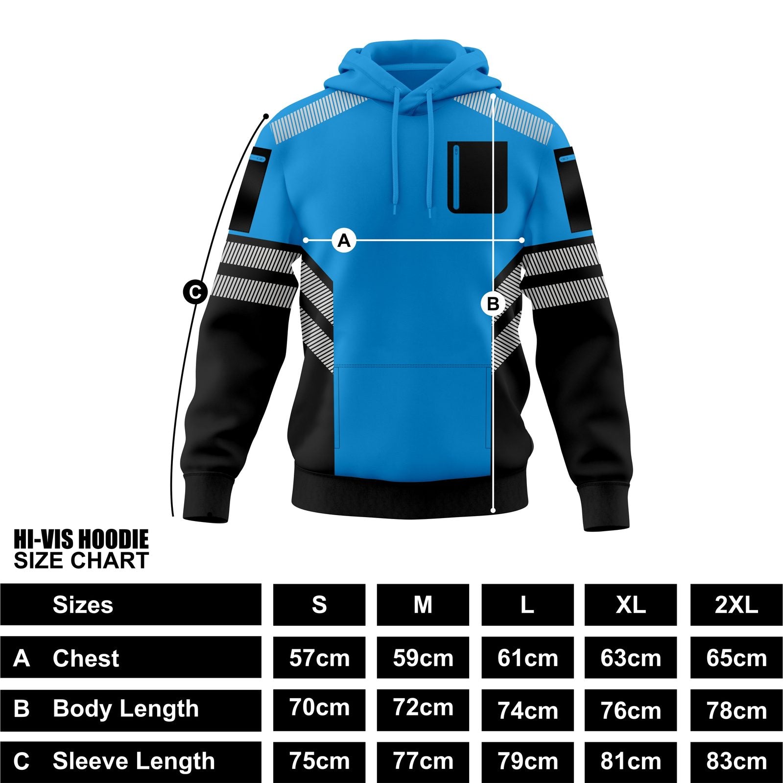 Mens Hi-Vis Hoodie with Reflective Tape - Blue/Black - fabric detail
